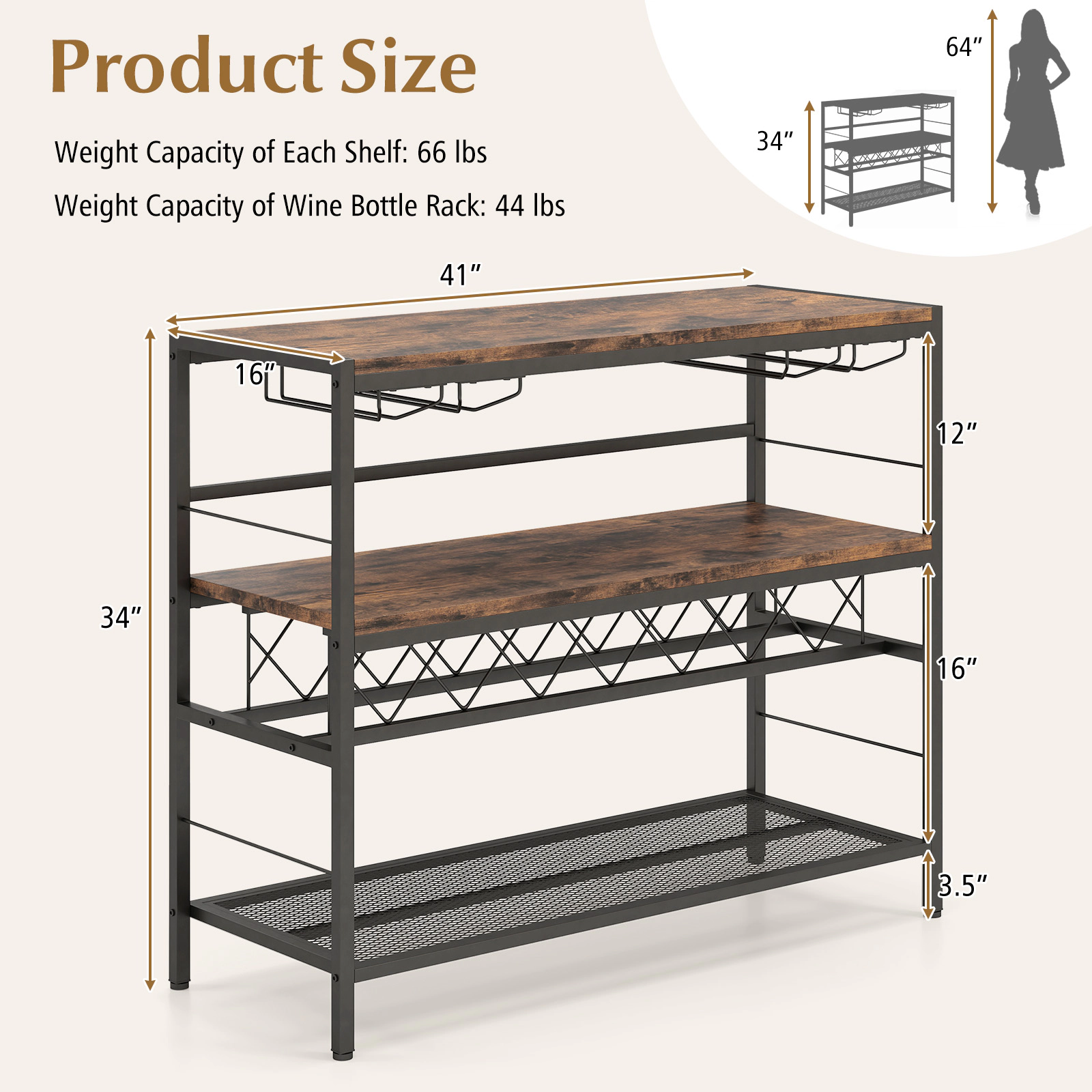 SUGIFT Rustic Brown 41-in 4-Tier Bar Table with Wine Rack Mini Bar Cabinet for 7 Bottles and 16 Glasses