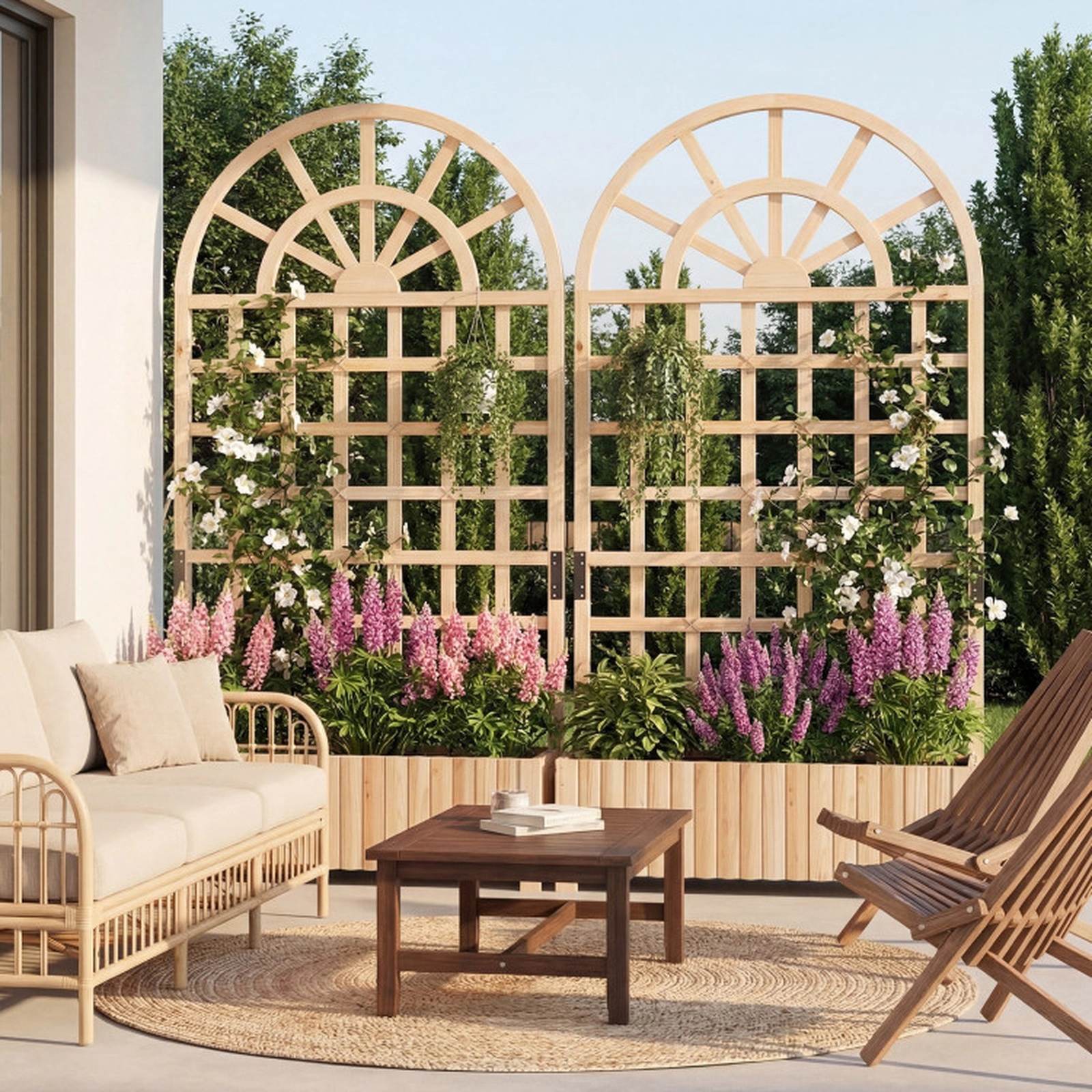 SUGIFT Set of 2 Wooden Raised Garden Bed with Trellis 88-lb Capacity 71-in Tall Brown/Natural