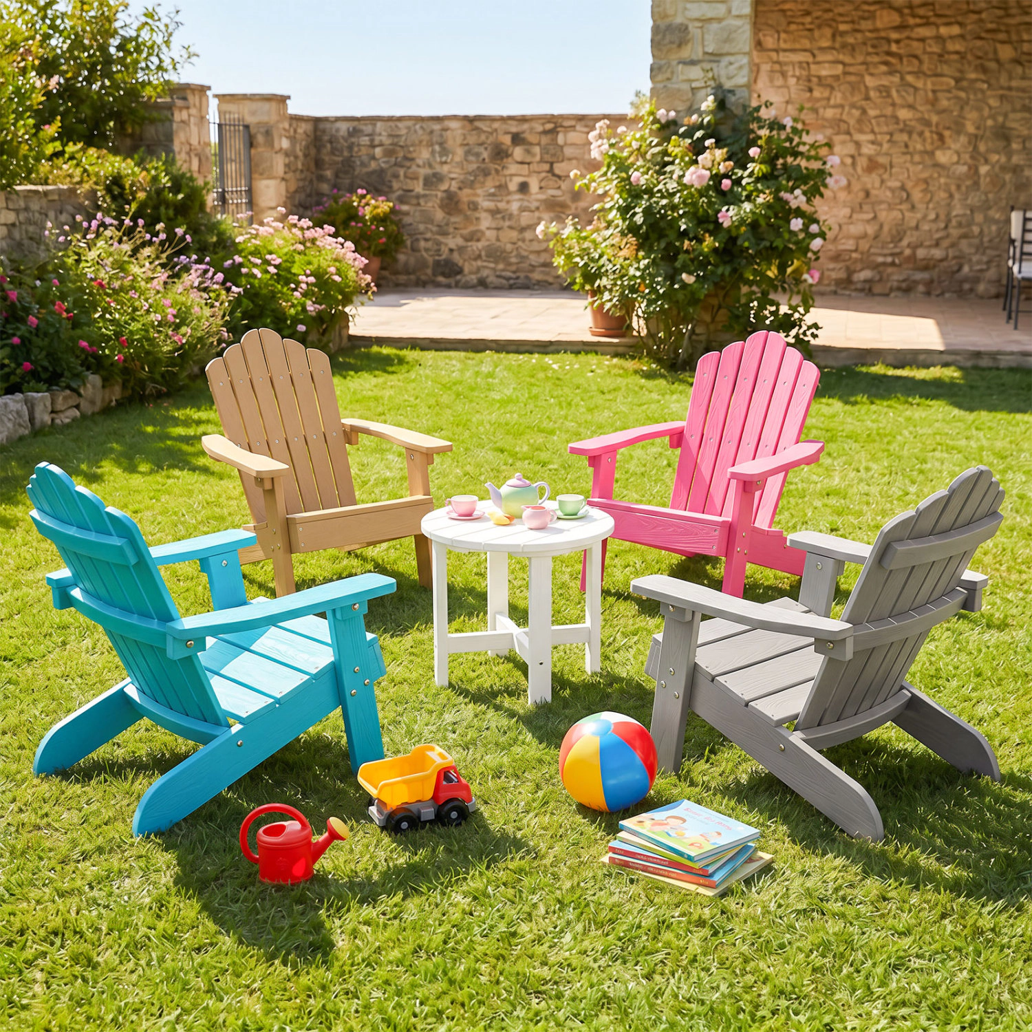 LJG Set of 2 Kids Adirondack Chairs All-Weather Outdoor for Children with Tilted High Backrest