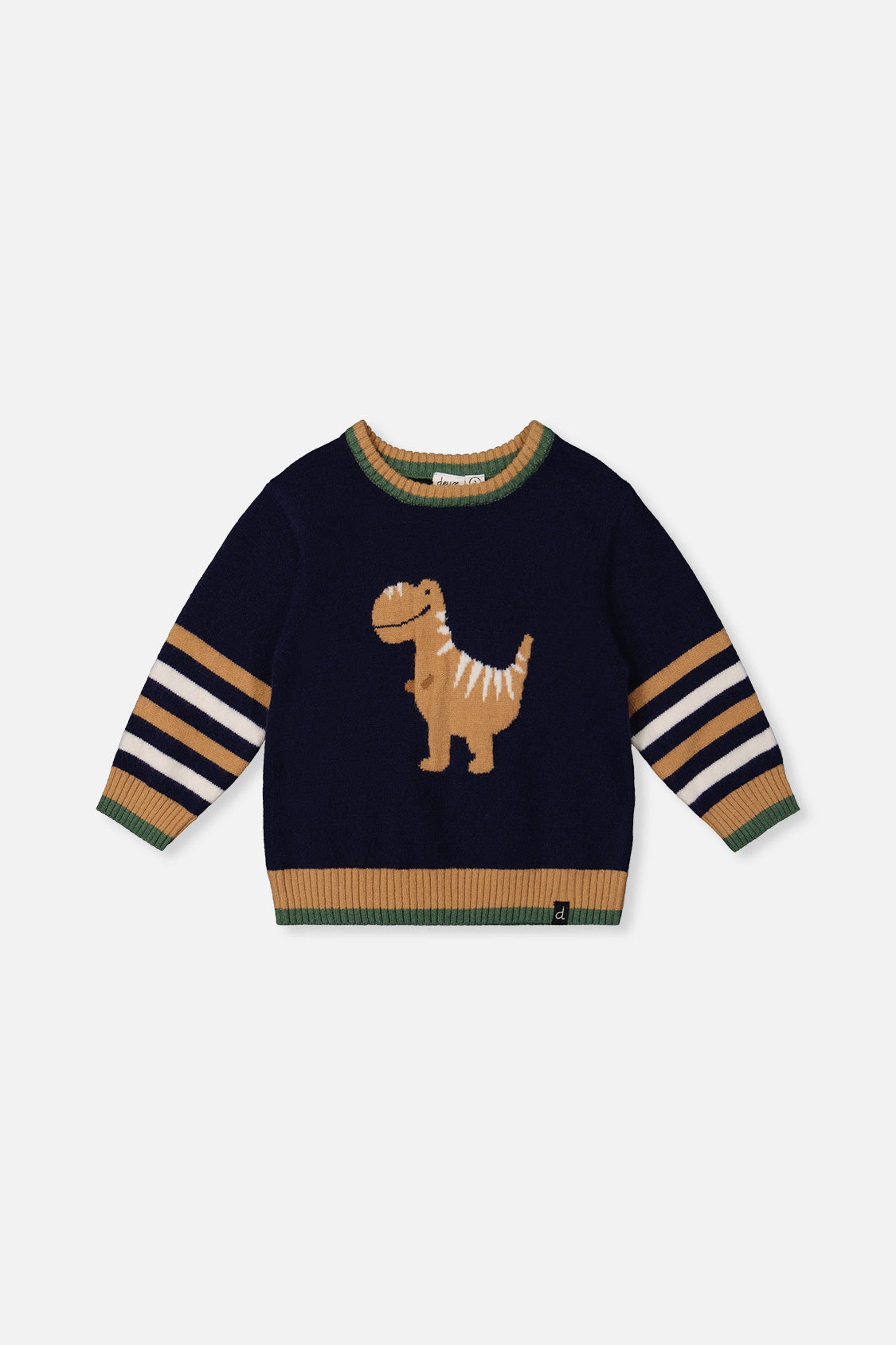 Deux par Boys Knit Crewneck Sweater with Dino Intarsia and Striped Ribbed Trim