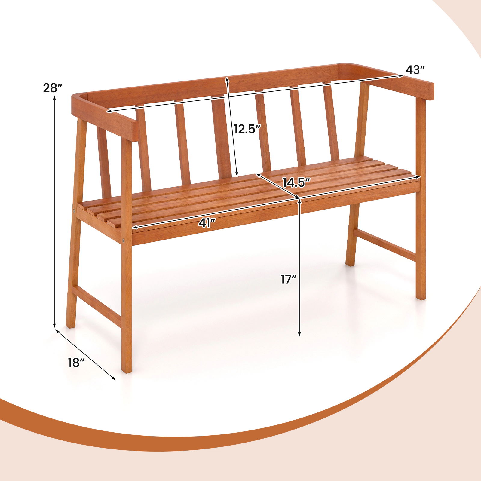SUGIFT 43-Inch Natural Eucalyptus Wood Outdoor Bench, 2-Seat, Backrest and Wrap-Around Arms