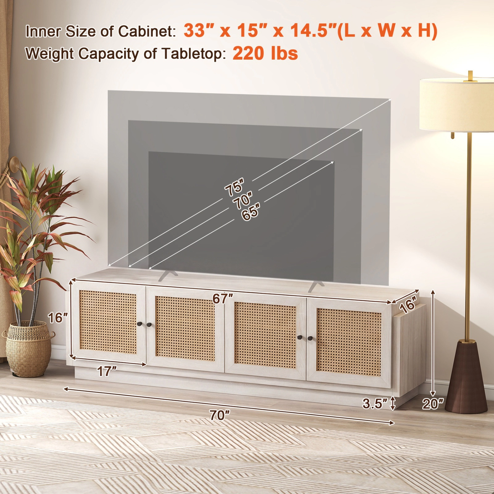 SUGIFT 70-In White Farmhouse TV Stand for TVs Up to 75 Inches, 4 PE Rattan Doors