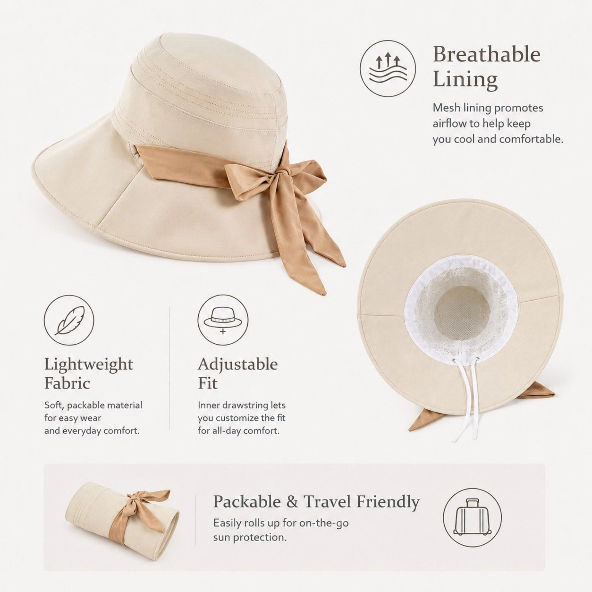 Alilang Women's Wide Brim Sun Hat with Bow Accent Stitched Crown and Soft Structured