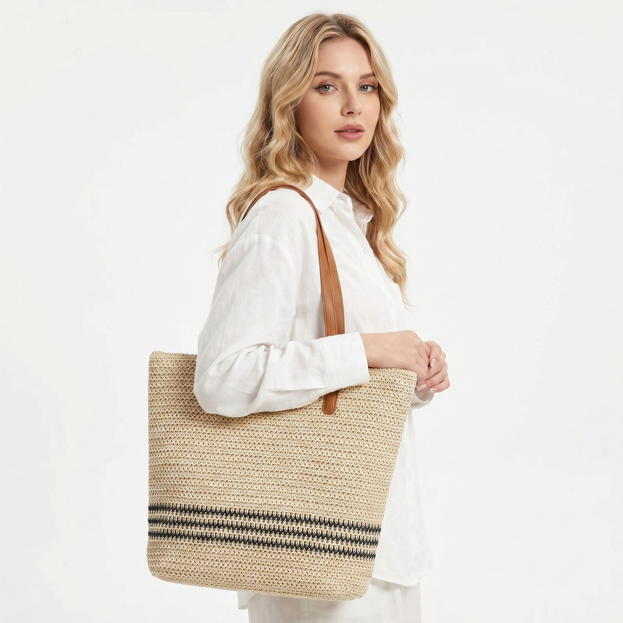 Alilang Women's Striped Woven Tote Bag with Zip Closure Shoulder Handles and Interior Pocket