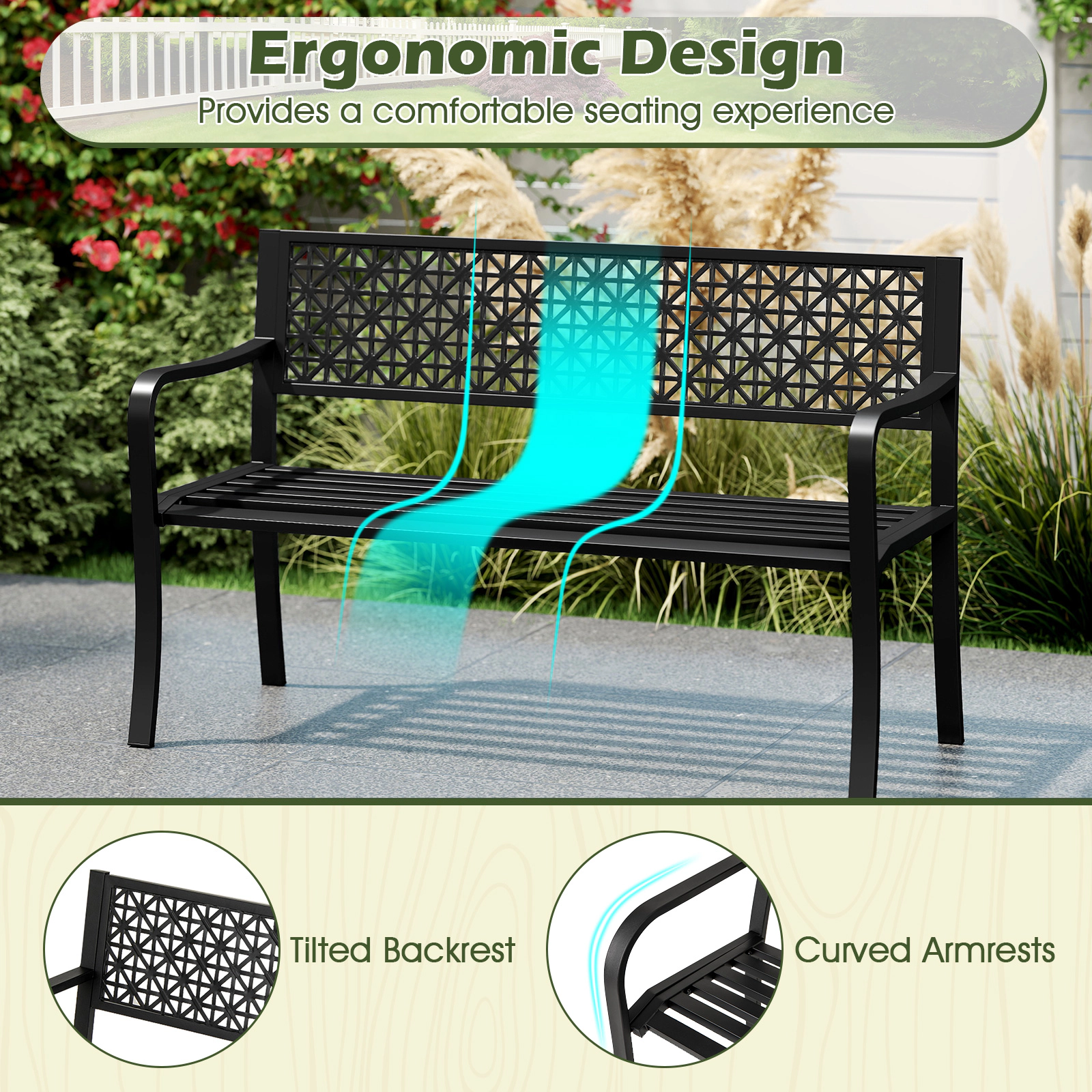 SUGIFT 50 in Garden Bench Black Metal with Patterned Backrest and Curved Armrests