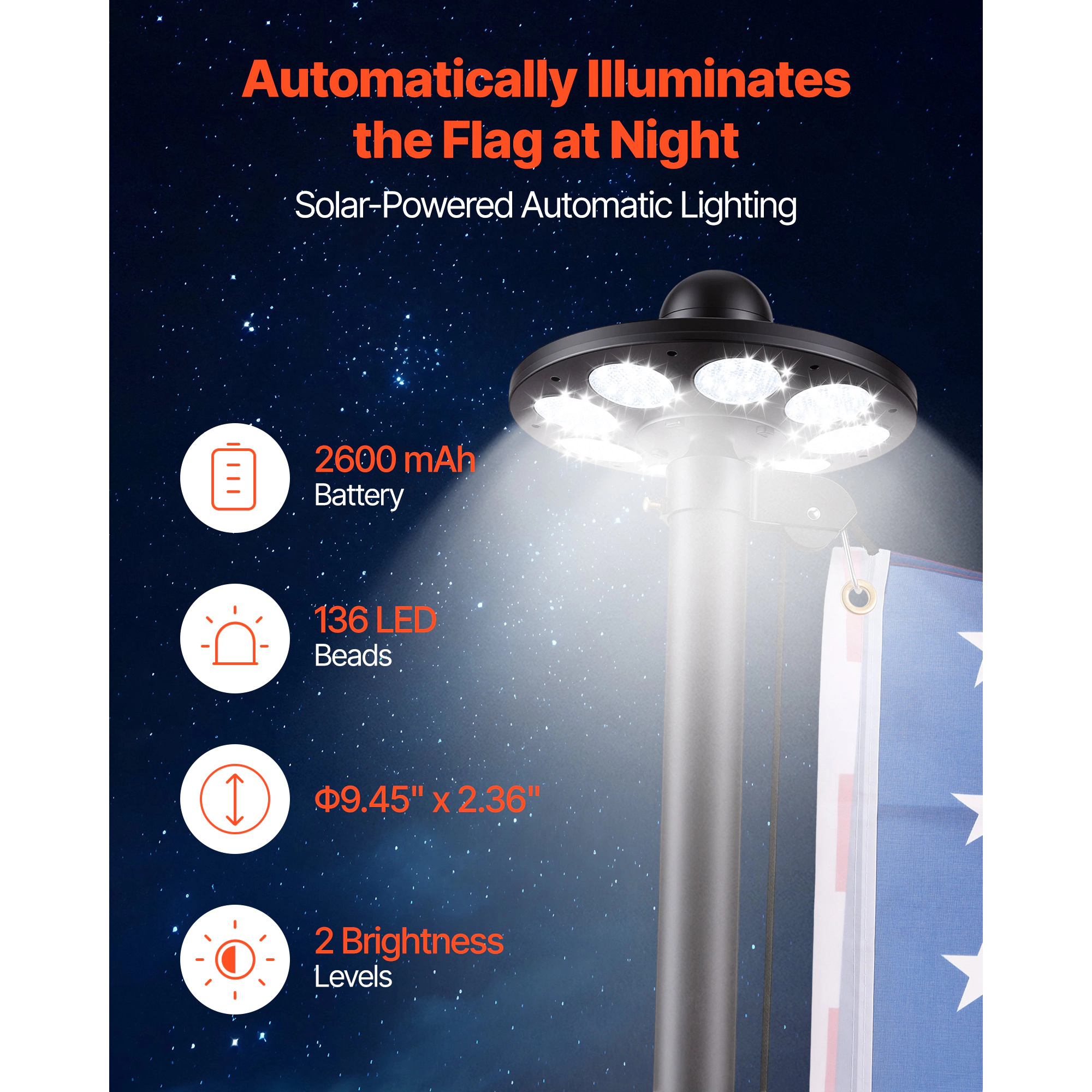 HONGGE 20 ft Sectional Flagpole Kit with Solar LED Light, Heavy Duty Aluminum In-Ground Pole, 3x5 Flag