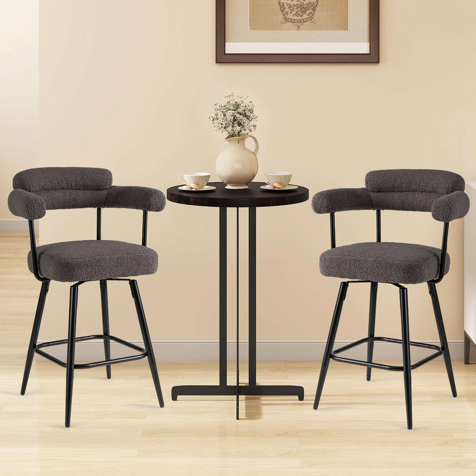 SUGIFT Boucle Swivel Counter Height Bar Stool Chairs with Curved Back and Arms 330-lb Capacity Set of 2 Gray