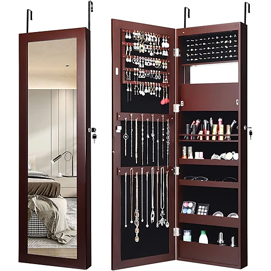 LJG Lockable Wall Door Mounted Mirror Jewelry Cabinet with LED Lights