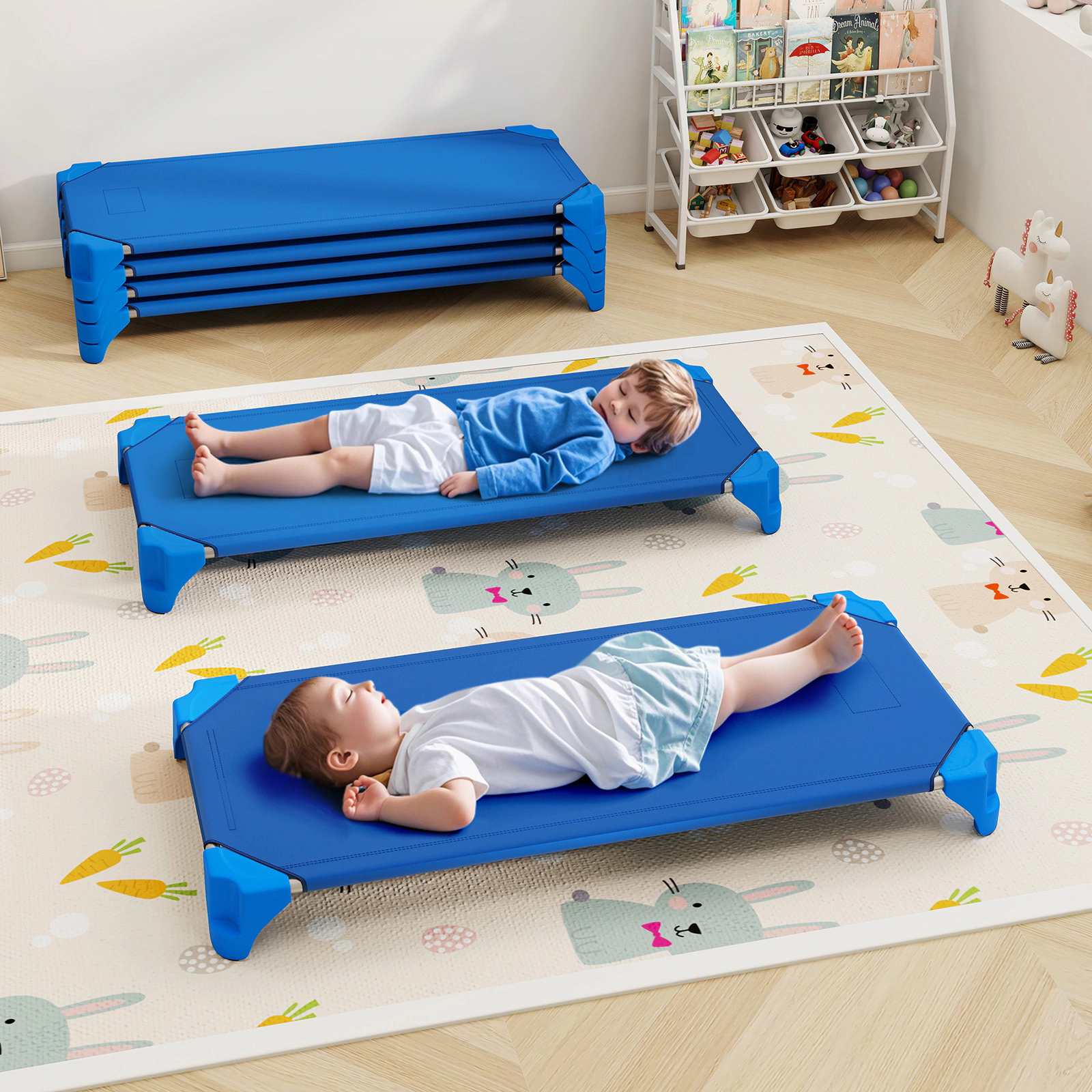 SUGIFT 6-Pack Blue Stackable Daycare Cots, 52 x 23.5 in, Portable Toddler Nap Beds