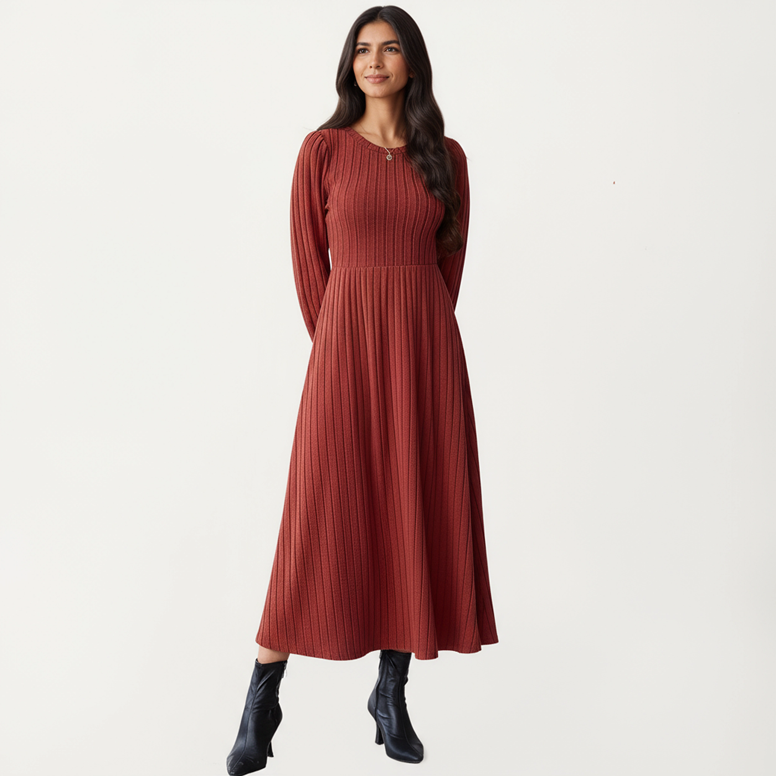 Anna-Kaci Women's Long Sleeve Pleated Fitted Maxi Dress