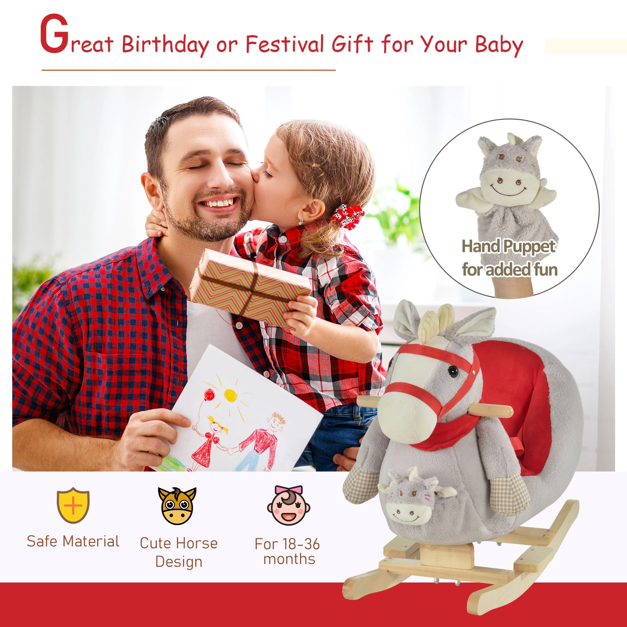 HONGGE Qaba Kids Ride-On Rocking Horse Toy, Rocker with Lullaby Song