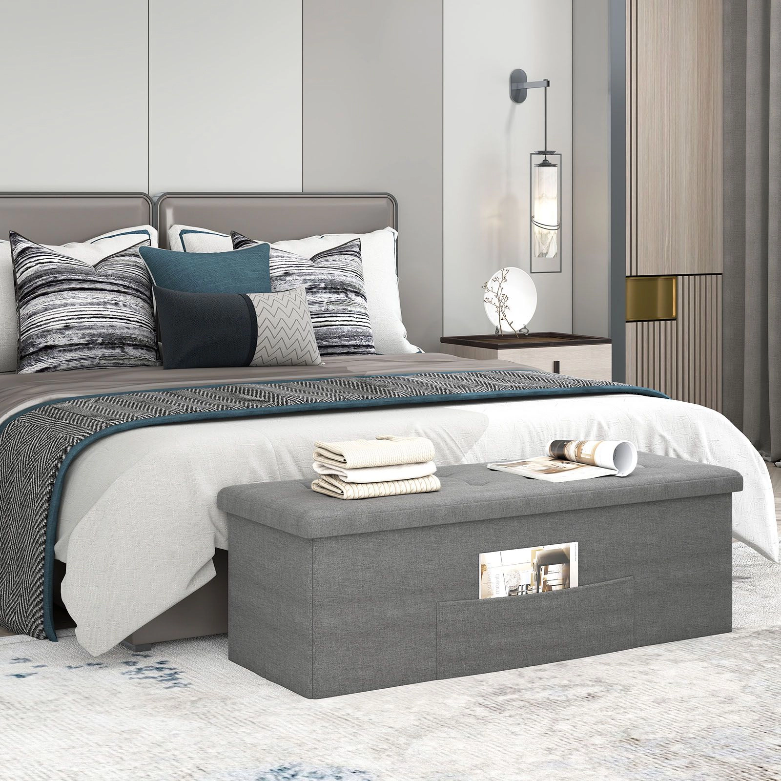 SlickBlue 38 Gallon Folding Storage Ottoman Bench With Tufted Seat