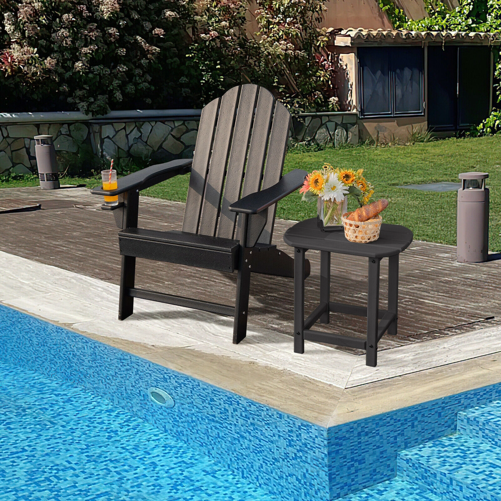SUGIFT Adirondack Chair with Built-in Cup Holder 330-lb Capacity Black