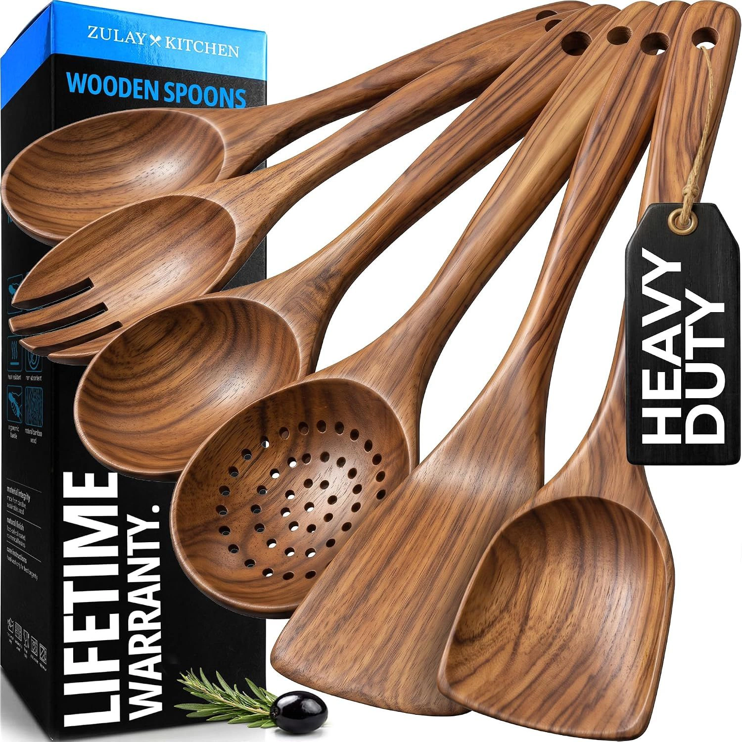 Zulay Kitchen 6-Piece Wooden Cooking Spoons Set with Comfort Grip