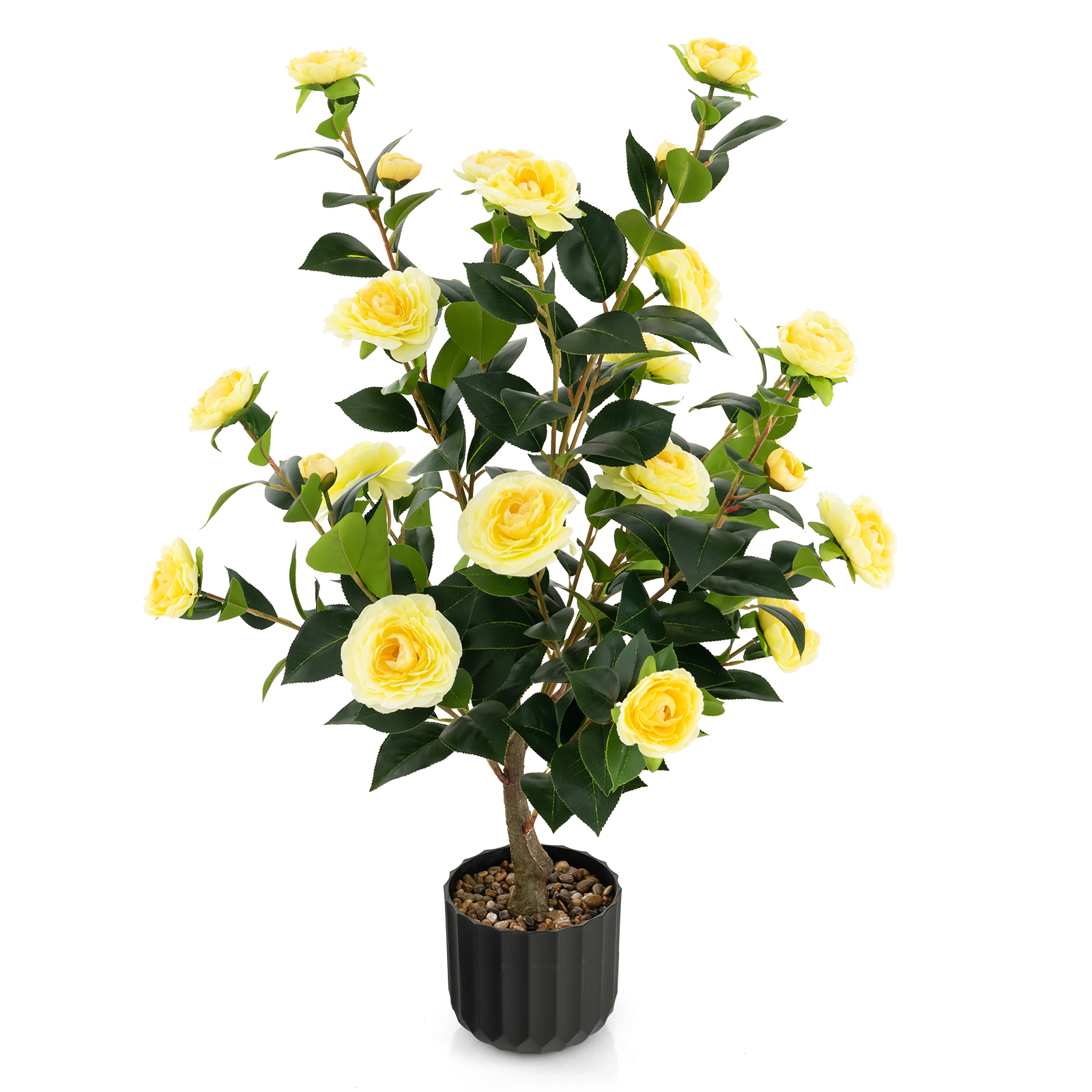SUGIFT 38-in Artificial Yellow Camellia Tree with 24 Silk Blooms 186 Leaves and Pebble-Topped Pot
