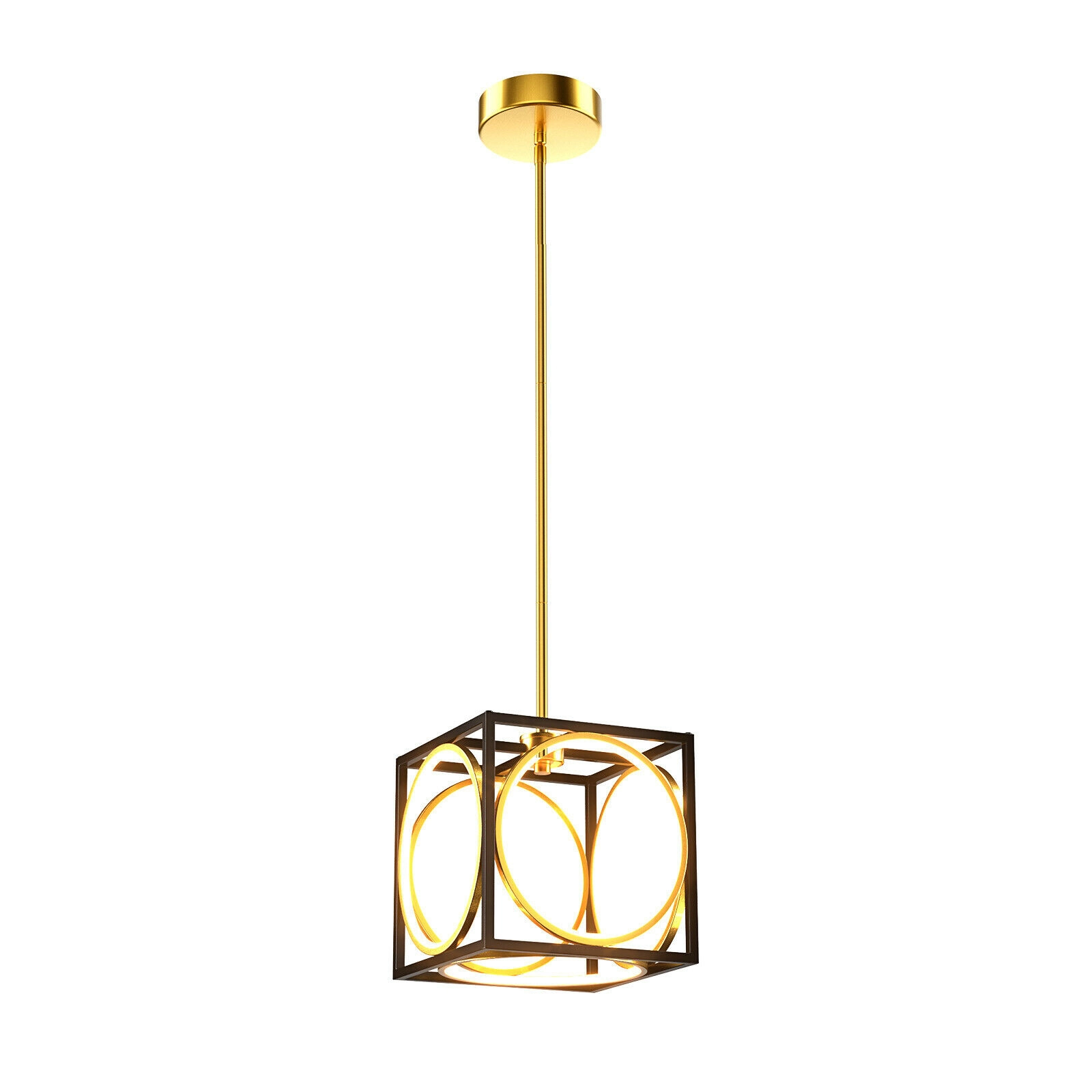 SUGIFT 42-in Adjustable Rod Dimmable 3000K Warm White LED Cube Pendant Light Fixture 10-in x 10-in 20W Golden