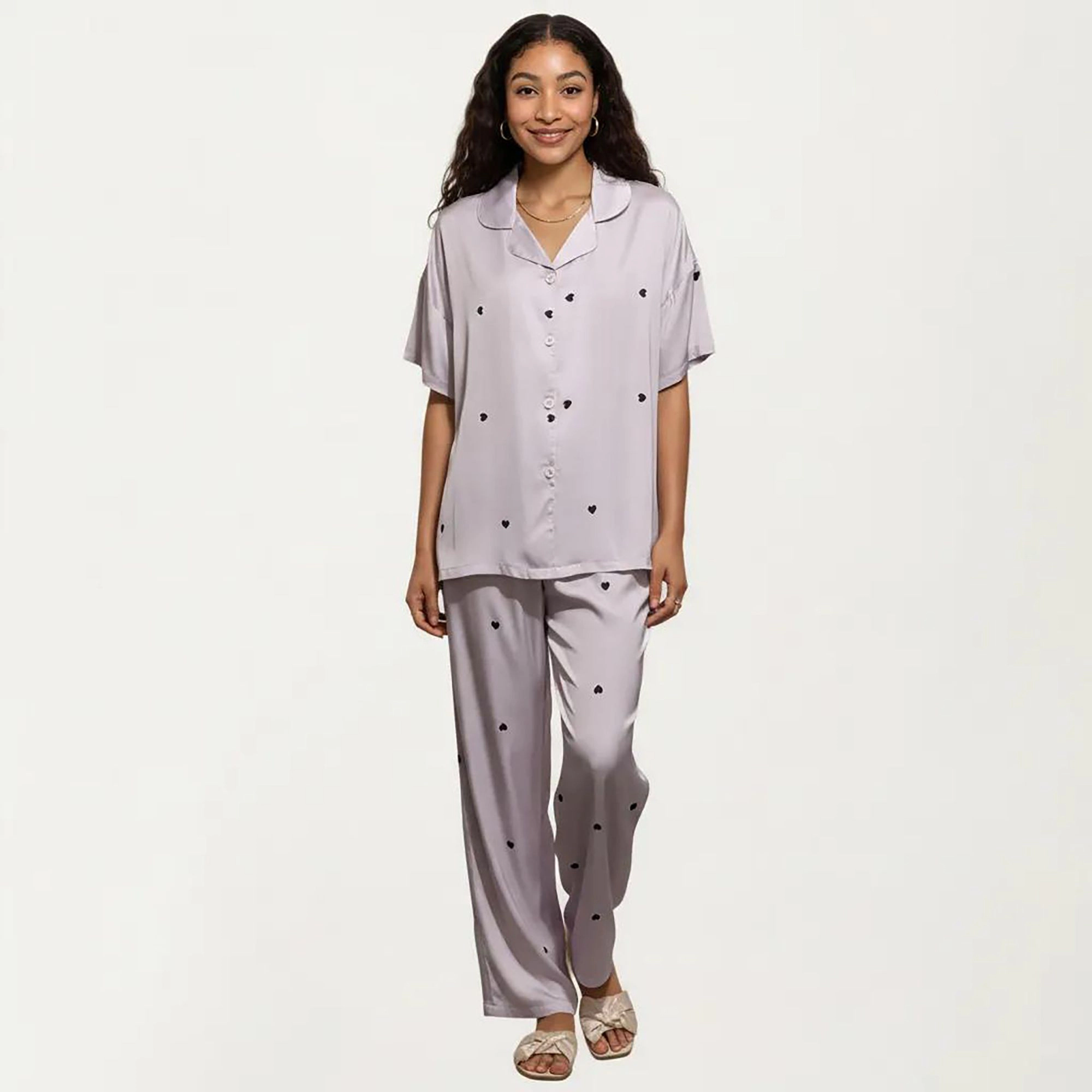 Anna-Kaci Women's 2-Piece Pajama Short Sleeve Button Down Top with Notch Collar and Relaxed Fit Pants Sleepwear Set
