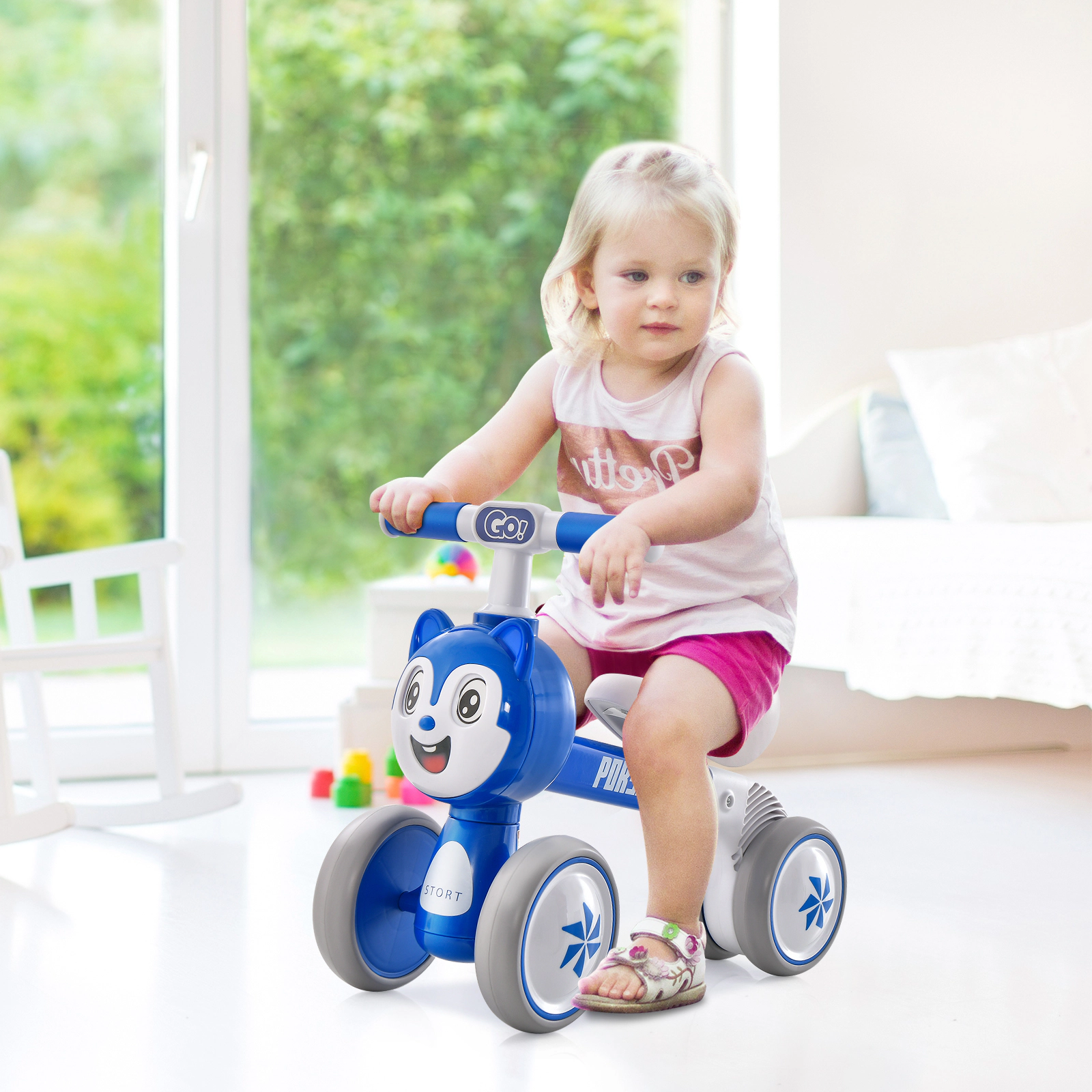 Baby Balance Bike 4 Silent EVA Wheels and No Pedals 10-36 Months Carbon Steel Frame and Soft Seat Blue Toddler Balance