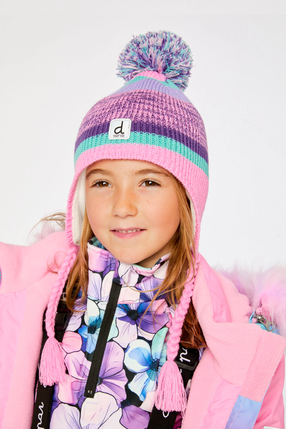 Deux par Girls Striped Jacquard Winter Peruvian Knit Acrylic Hat with Pompom