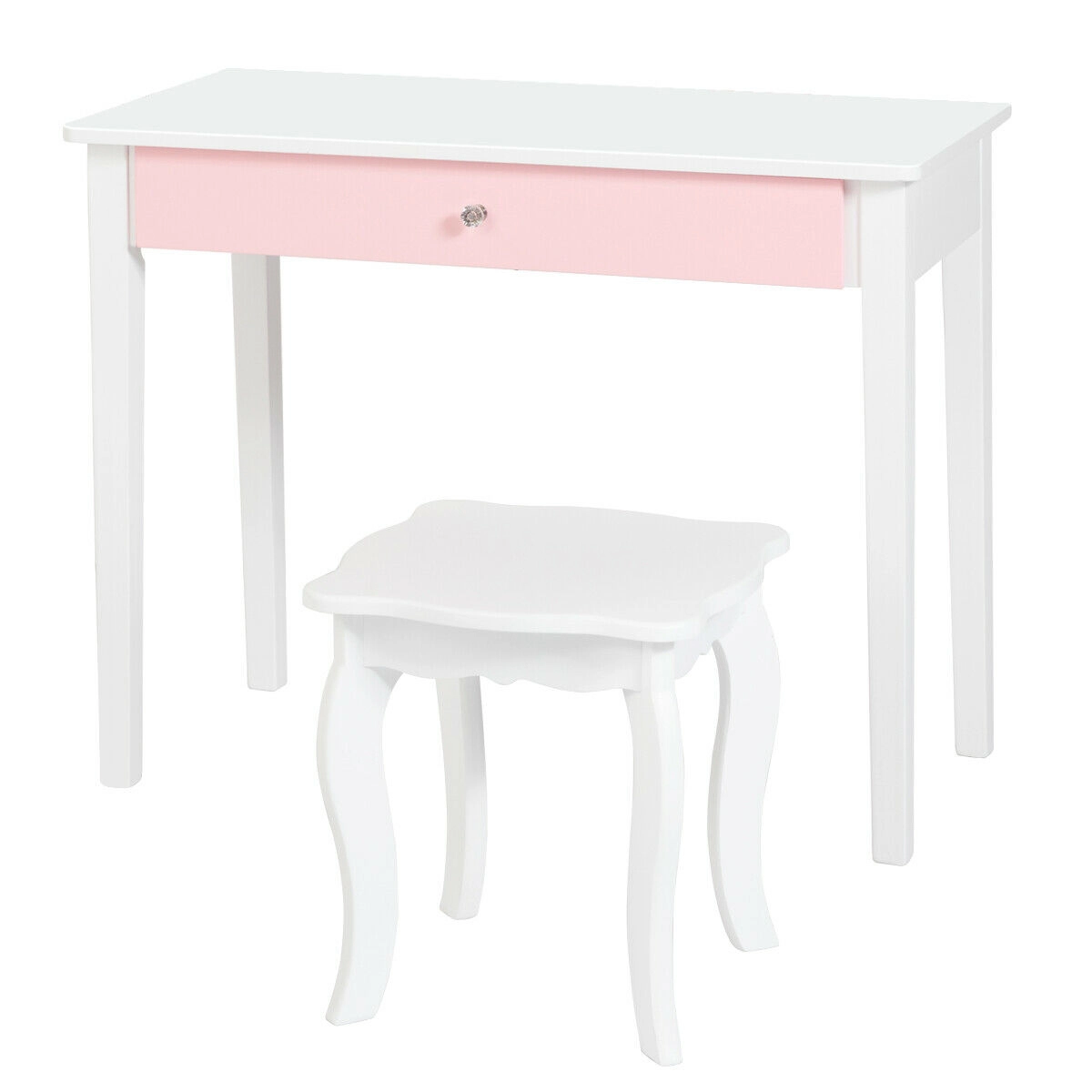 SUGIFT Kids Princess Vanity Set with Stool, Tri-Folding Detachable Mirror, Drawer and Pine Legs