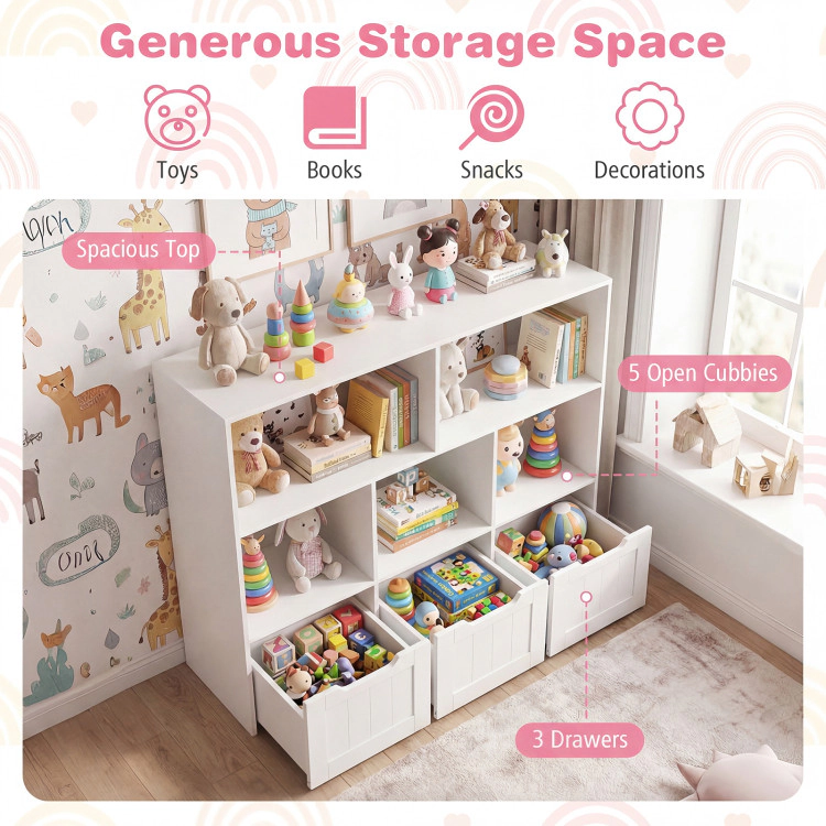 Hivvago Toy Storage Organizer with 3 Movable Drawers and 5 Open Cubbies for Playroom