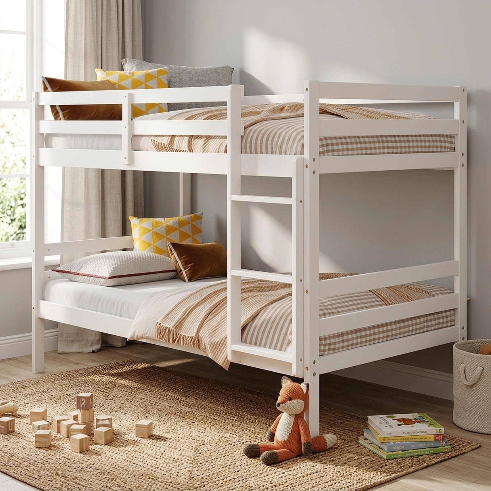 SUGIFT Twin-Over-Twin Bunk Bed, Solid Pine Wood, Guardrails, Wide Ladder, White
