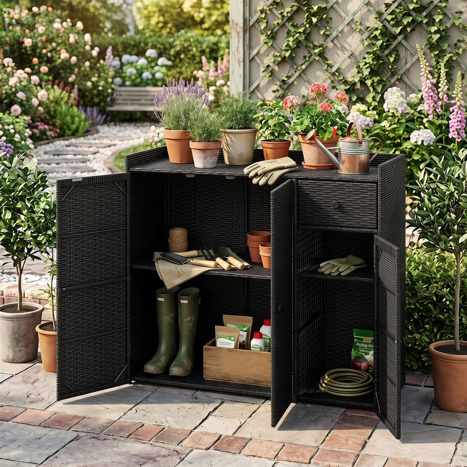 SUGIFT 3-Door Adjustable Shelves Drawer PE Wicker Outdoor Storage Cabinet 39-in x 15-in x 37-in 110-lb Countertop Black