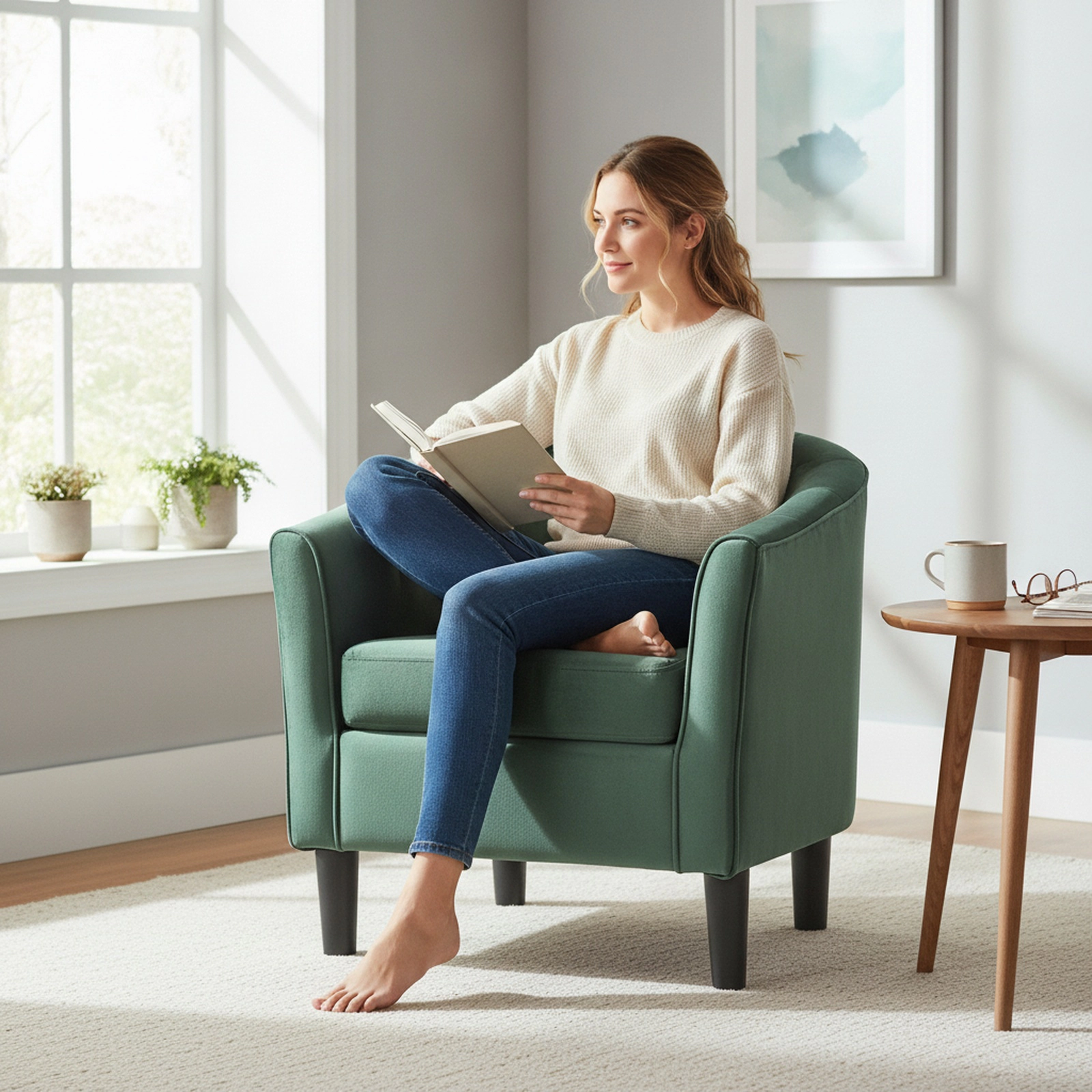 SUGIFT Green Teddy Velvet Barrel Chair with Ottoman, Removable Washable Cover, 350 lb Capacity