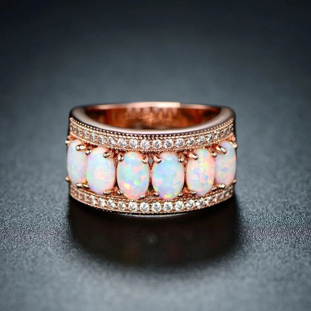 Delicate Oval Synthetic Opal Half Eternity Band Ring