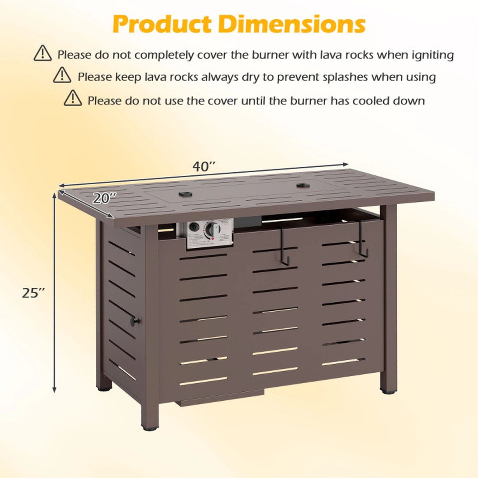 SUGIFT Brown Rectangle Propane Gas Fire Pit Table with Lava Rocks and Removable Lid 40-in W 20-in D 25-in H