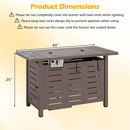 SUGIFT Brown Rectangle Propane Gas Fire Pit Table with Lava Rocks and Removable Lid 40-in W 20-in D 25-in H