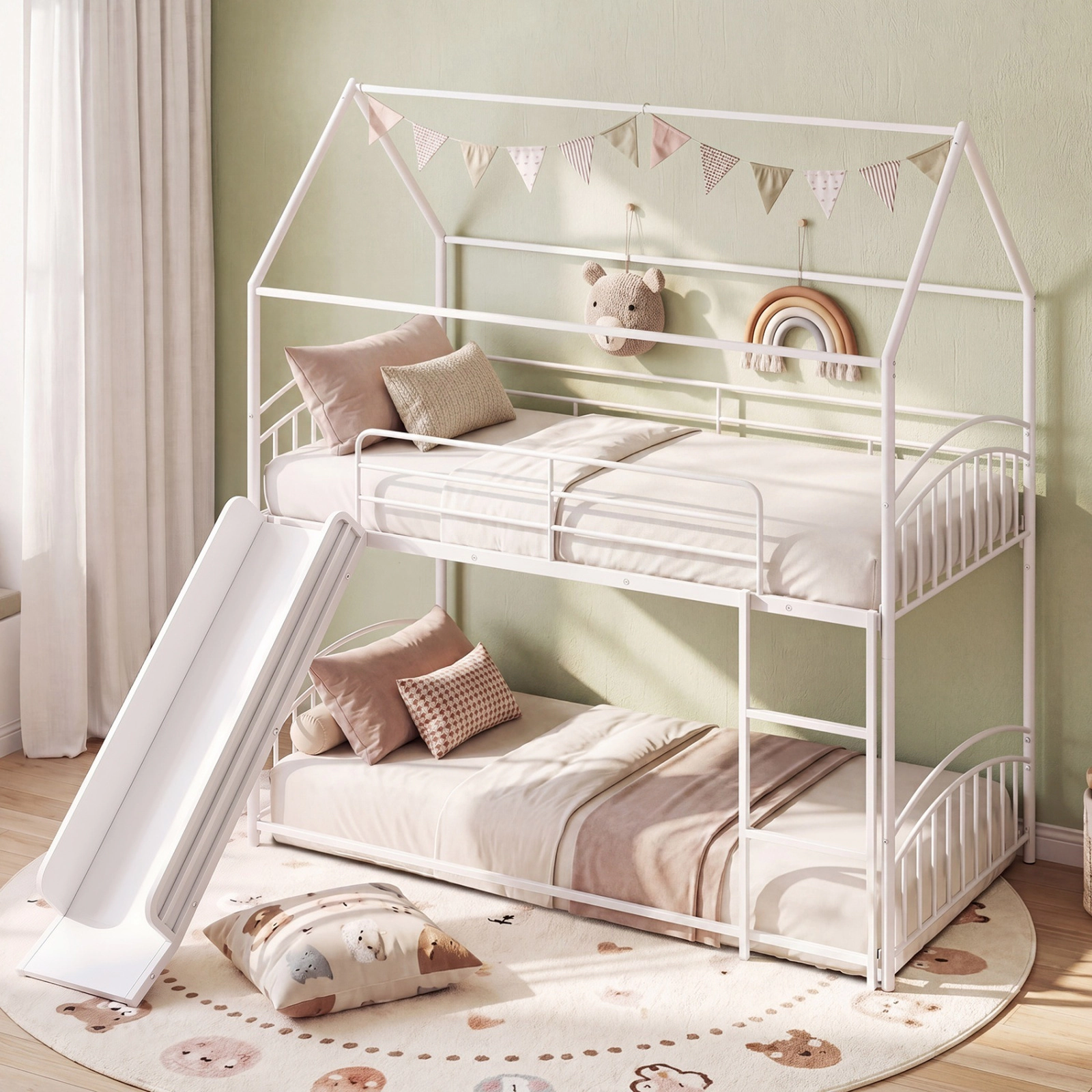 SUGIFT Twin-Over-Twin Metal House Bunk Bed with Slide and Ladder, Black and White