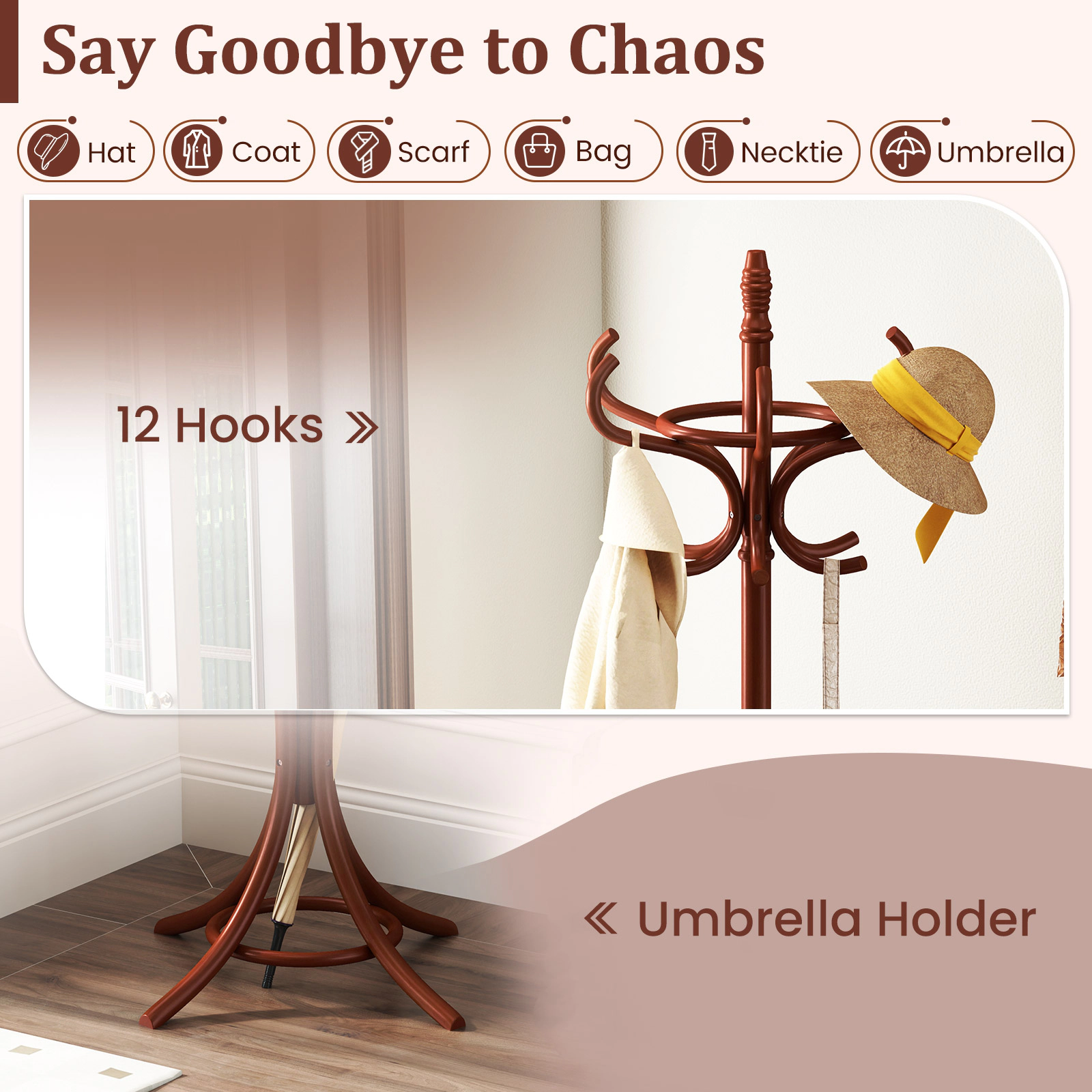 SUGIFT 73-in Tall Birch Wood Standing Hall Tree Coat and Hat Rack with Umbrella Stand and 12 Hooks