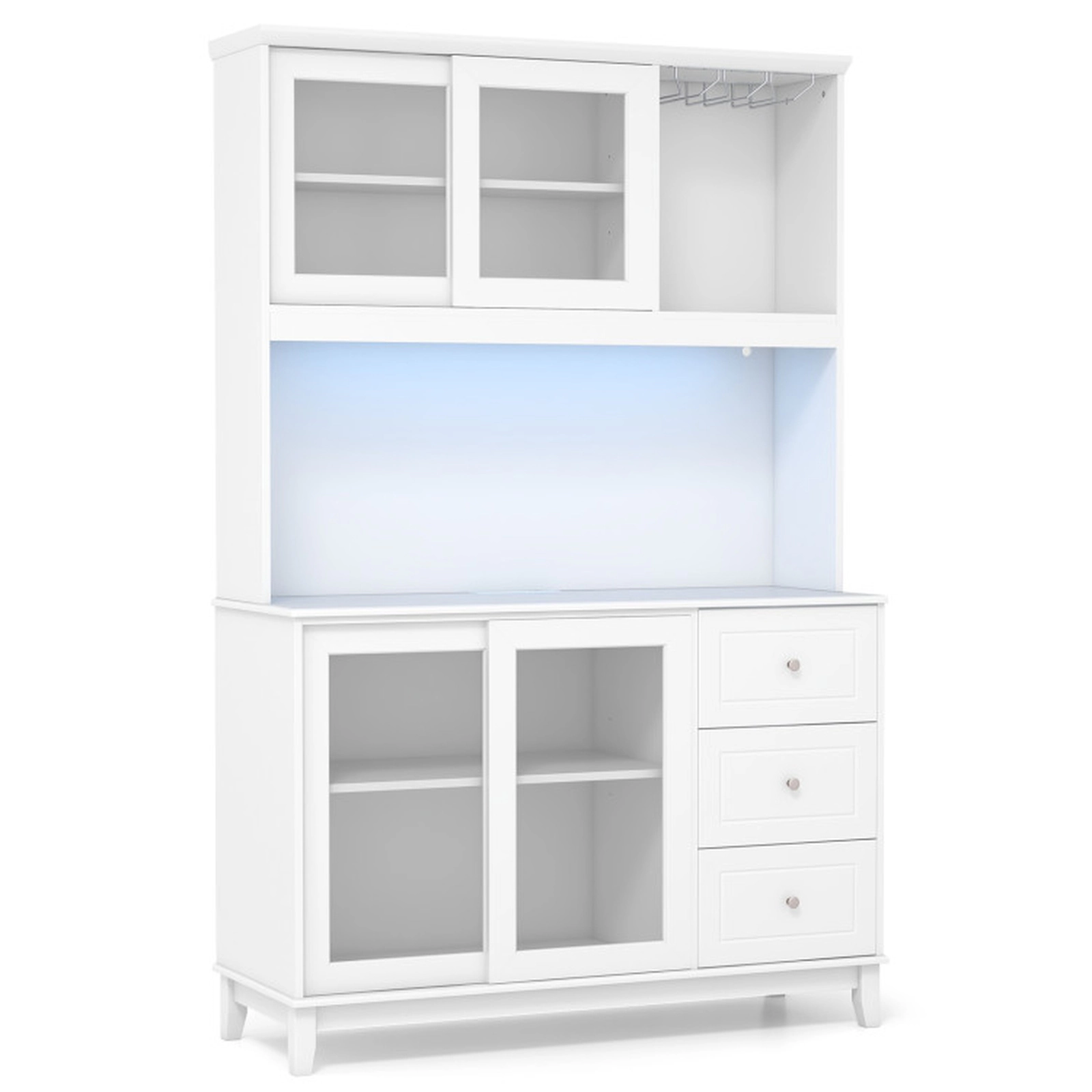 SUGIFT 73-in LED Lights Power Outlets 3 Drawers Glass Door Kitchen Pantry Hutch 47-in x 17.5-in 320-lb Capacity White