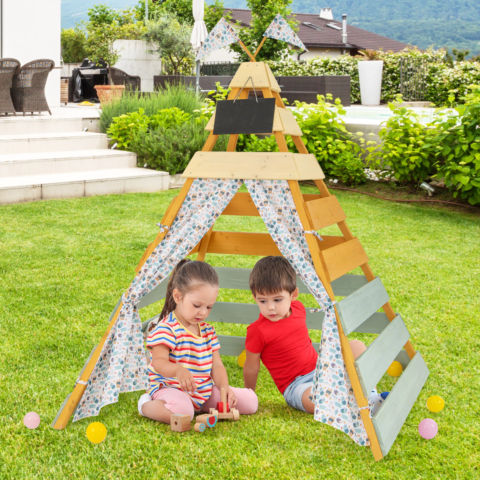 SUGIFT Triangle Hideaway Playhouse with Removable Chalkboard Ages 3-8 Multicolor