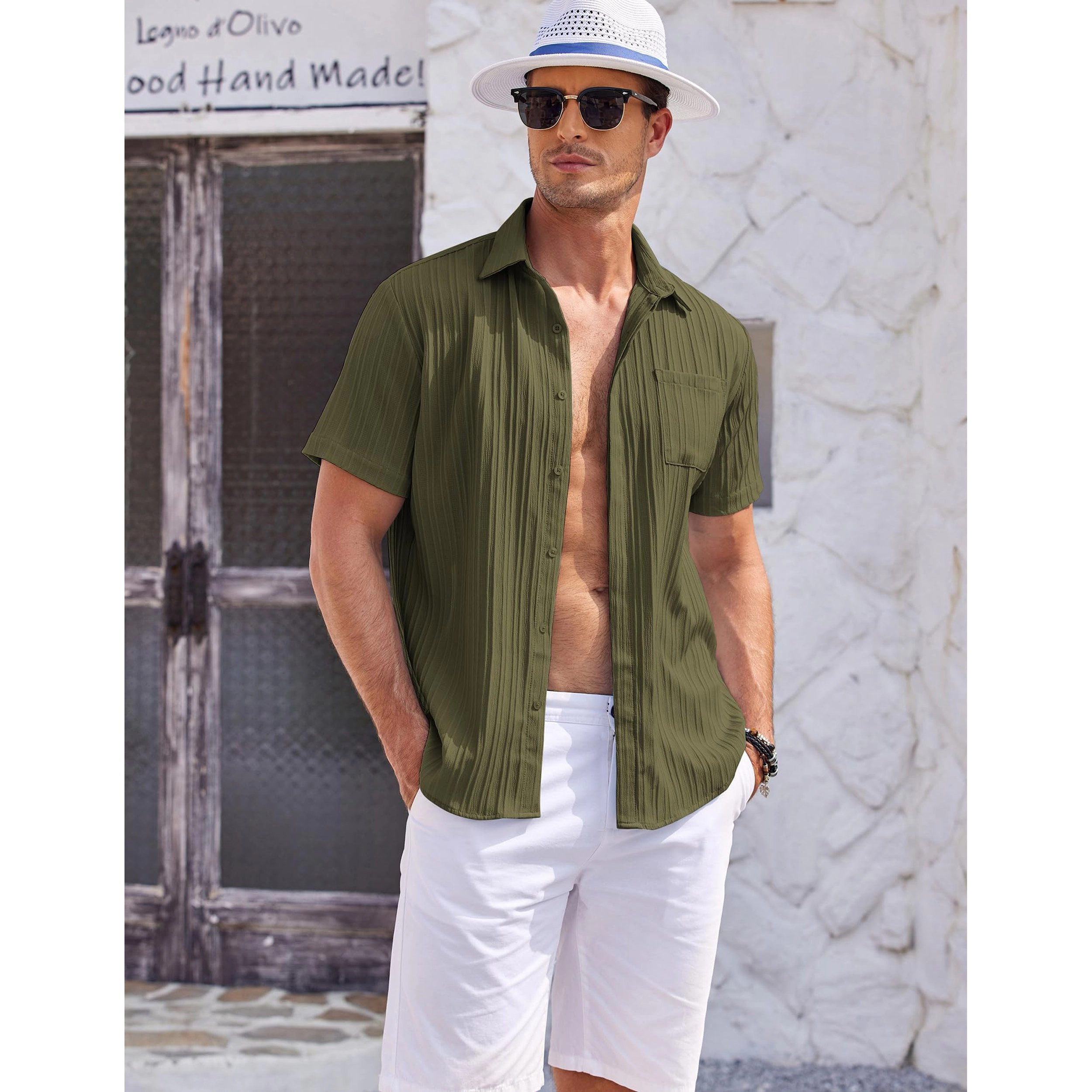 COOFANDY Mens Short Sleeve Button Down Shirts  V Neck Pleated Casual Tops