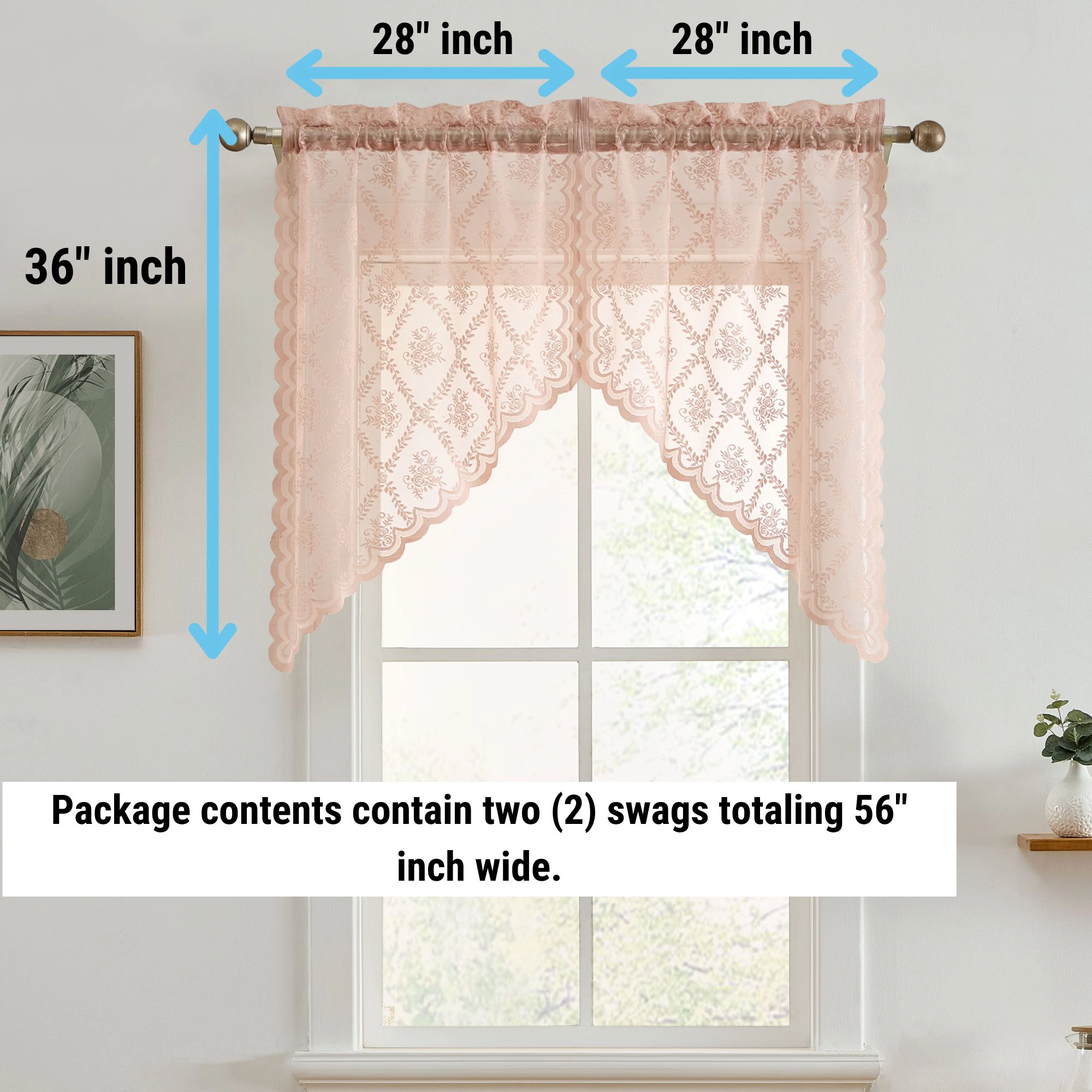 HLC.ME Isabella Floral Rod Pocket Lace Short Cafe Swags for Small Windows - Set of 2