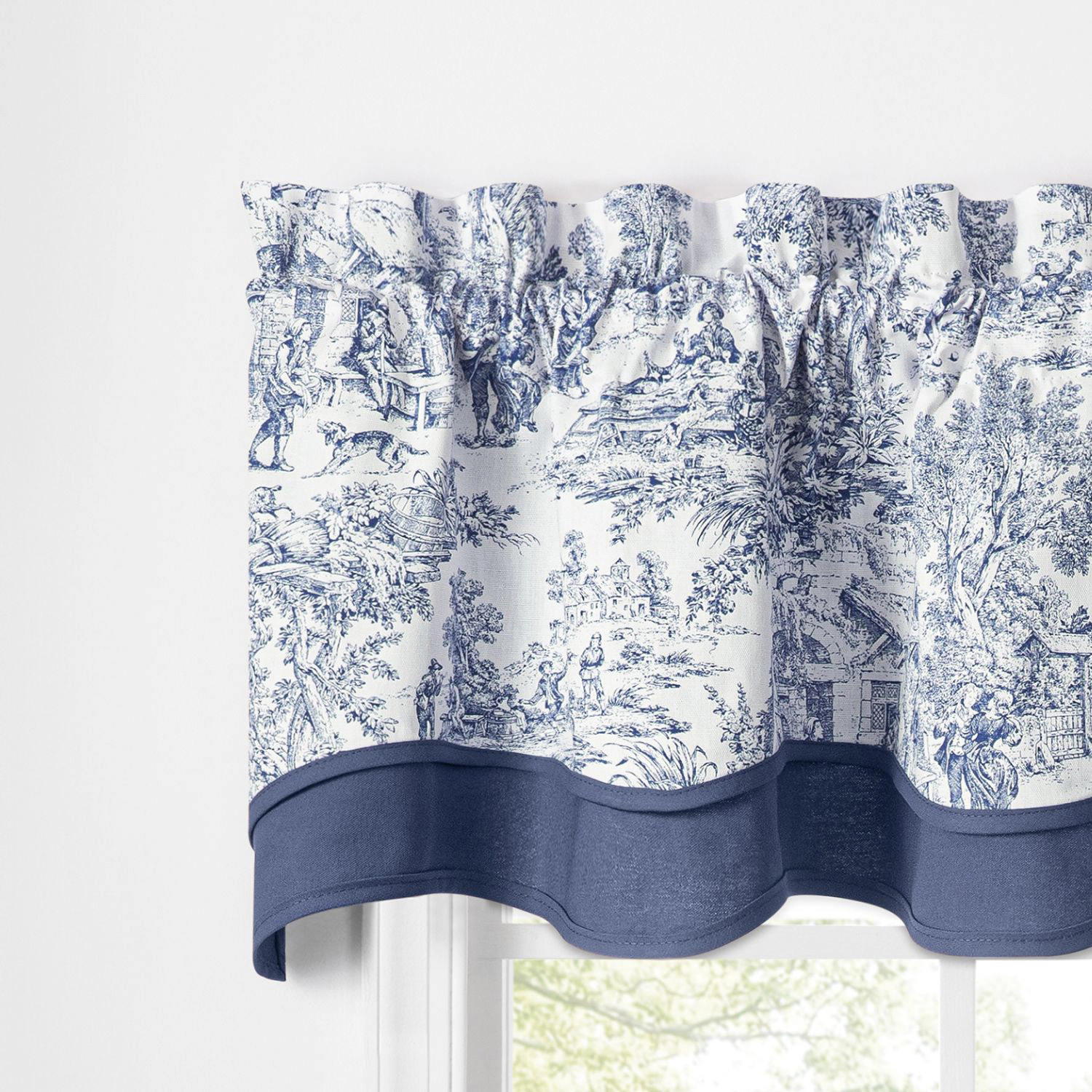 Ellis Curtain 100% Cotton Victoria Park Toile Bradford Shaped Window Valance With Print over Solid 70" x 15