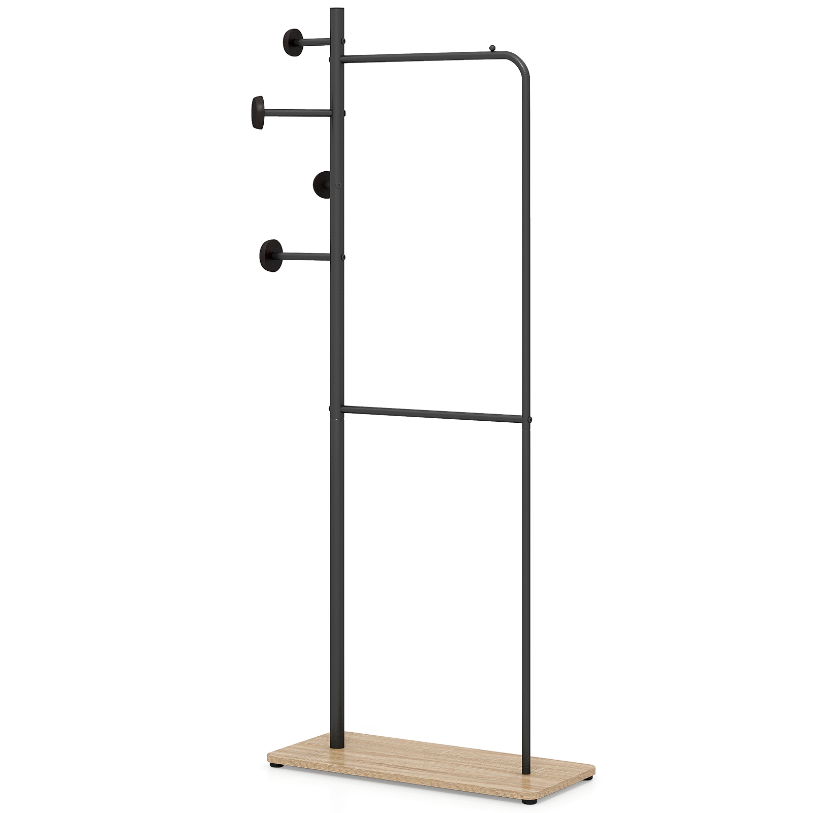 SUGIFT 66-in 110-lb Capacity Double Rod Clothes Rack with 4 Rubber Wood Hooks and Wooden Bottom Shelf