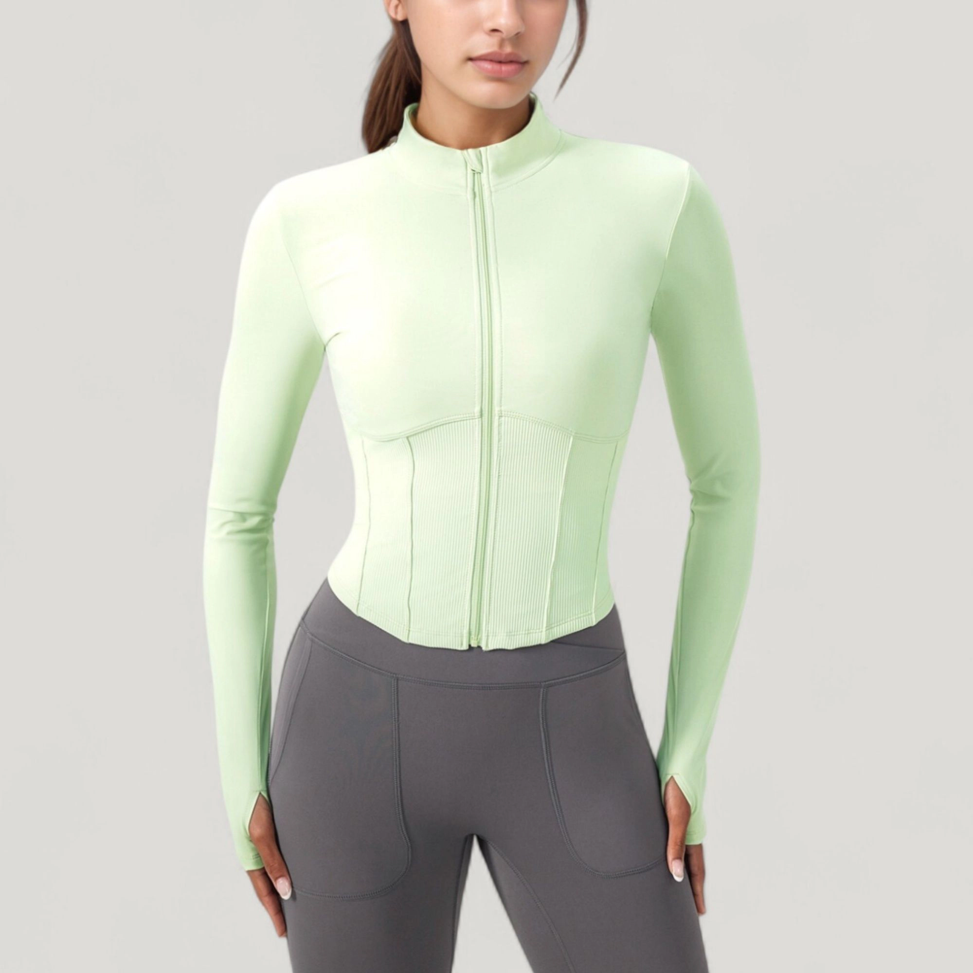 Anna-Kaci Women's Long Sleeve Zip-Up Cropped Active Jacket with Thumbhole Cuffs and Slim Fit Design
