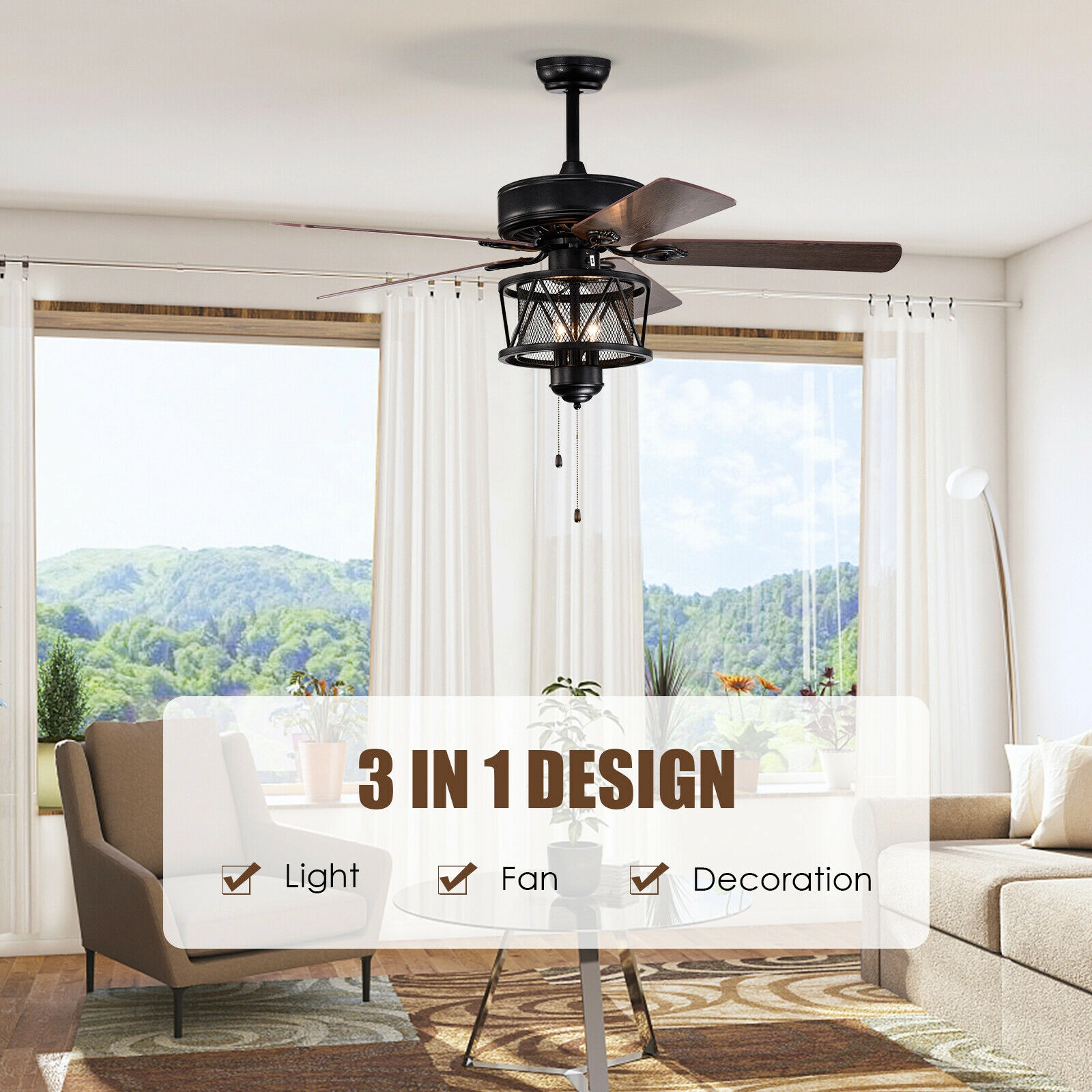 SUGIFT 50-Inch 5-Blade Ceiling Fan with Light, 3-Speed Pull Chains, Reversible Motor, Black