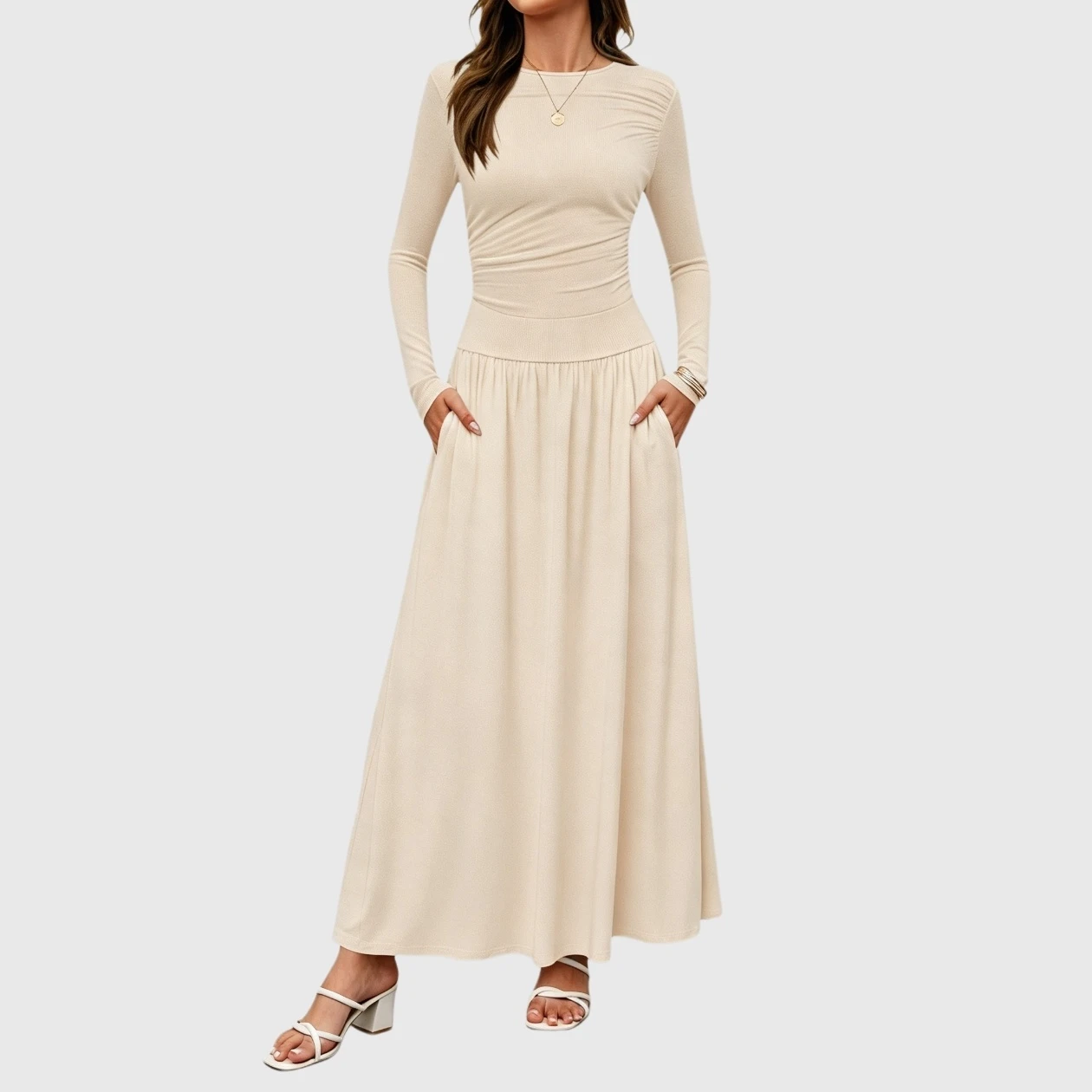 YesFashion Womens Fall Maxi Dress Casual Stretch Long Sleeve Crewneck A Line Flowy