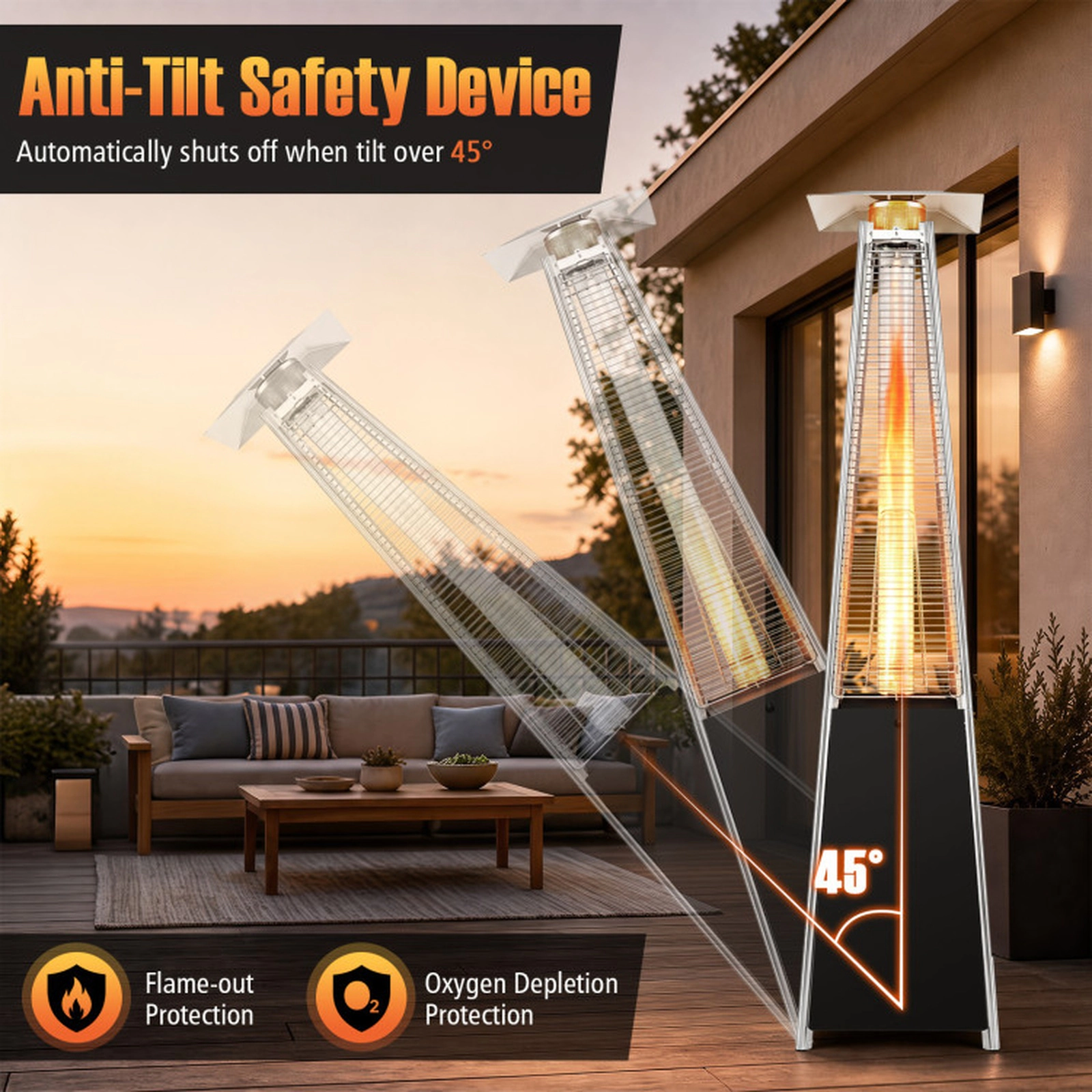 SUGIFT Silver Pyramid Propane Patio Heater with Zippered Cover and Wheels 45000-BTU 20.5-in W 20.5-in D 89-in H