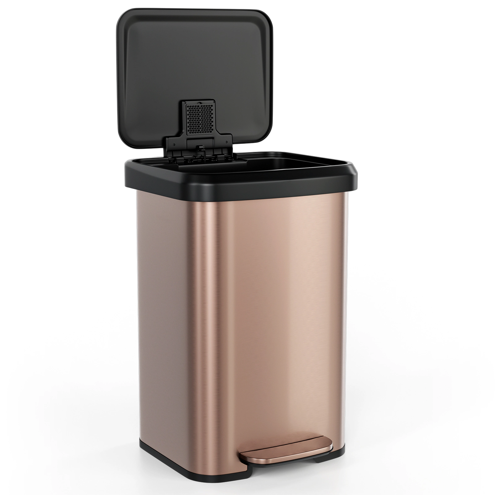 SUGIFT 13-Gal Step Pedal Soft-Close Lid Deodorizer Compartment Trash Can 16.5-in x 15.5-in x 24-in 35-in Open Golden