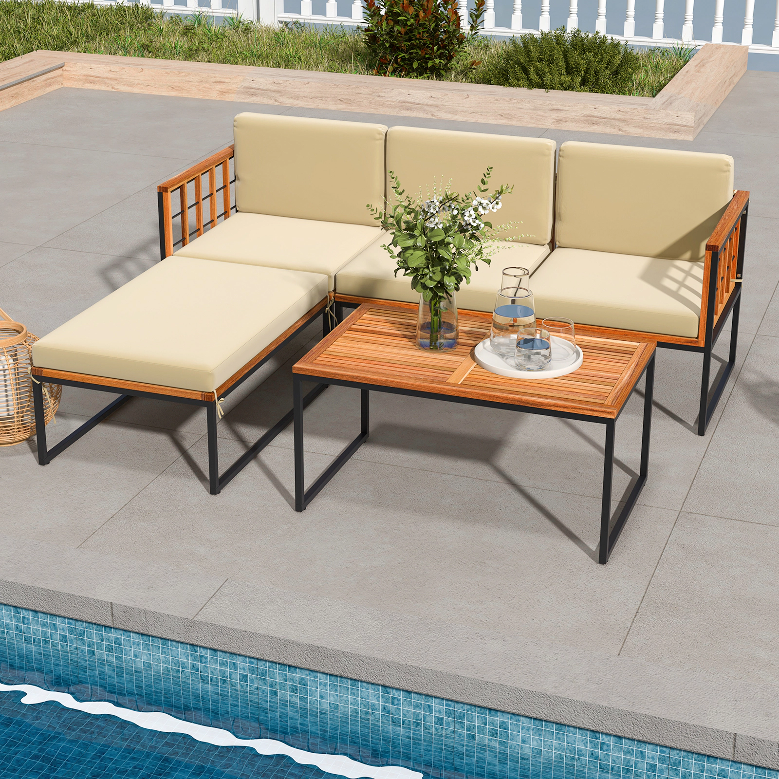 LJG 5 Pieces Patio Furniture Set Acacia Wood Sectional Set with Heavy-Duty Metal Frame