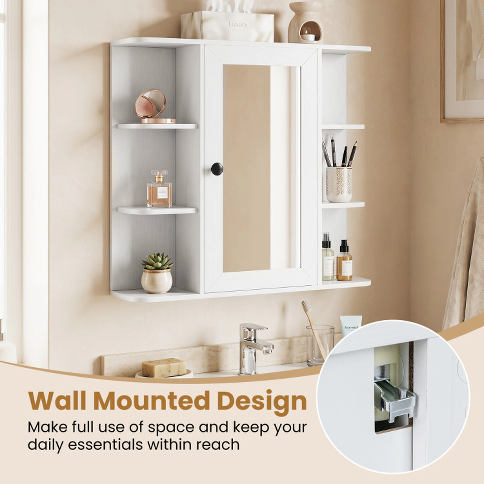 SUGIFT Mirror Door 3 Compartments 6 Open Shelves Bathroom Medicine Cabinet 26-in x 6.5-in x 25-in 120-lb White