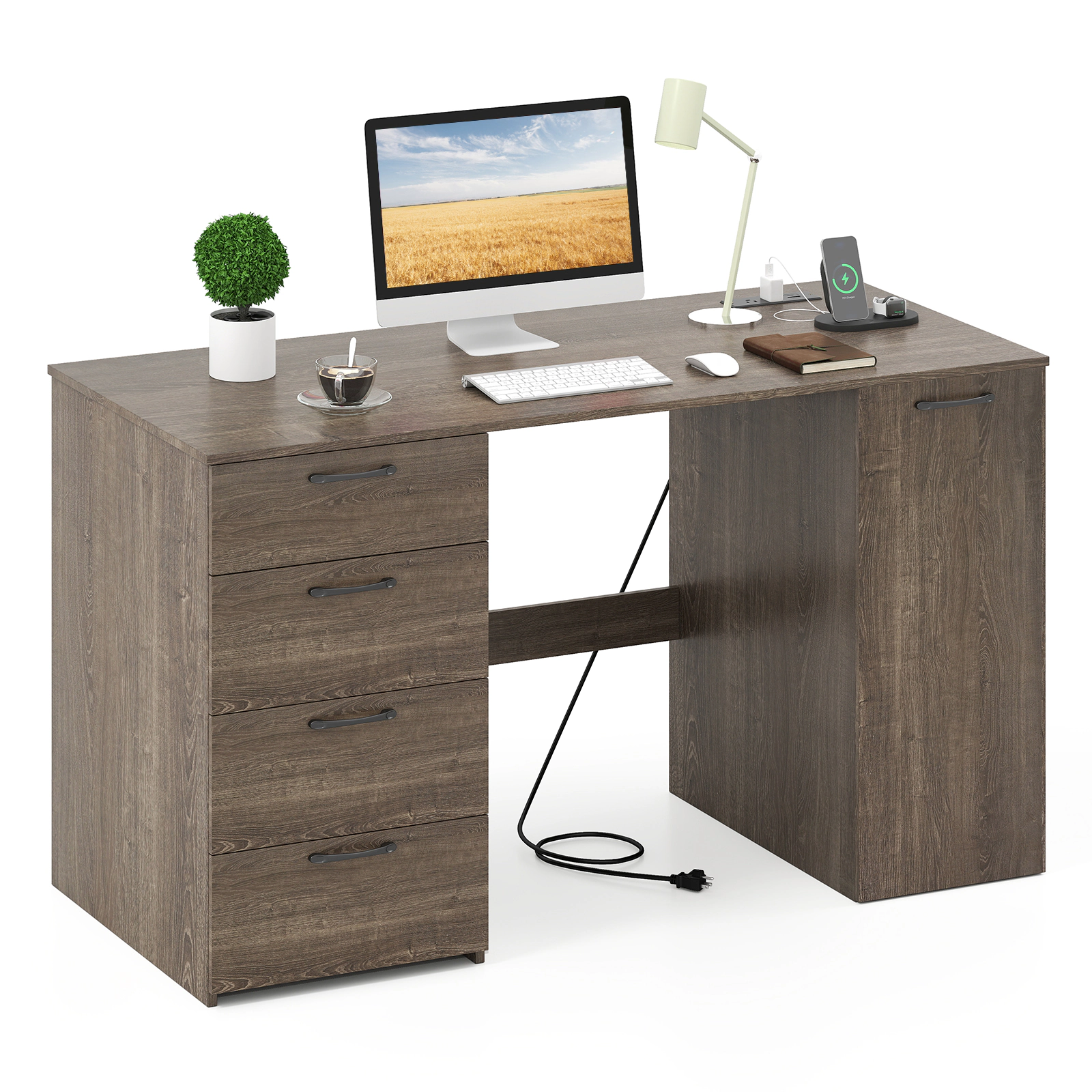 LJG 53 Inches Computer Desk with Power Outlets and 4 Storage Drawers