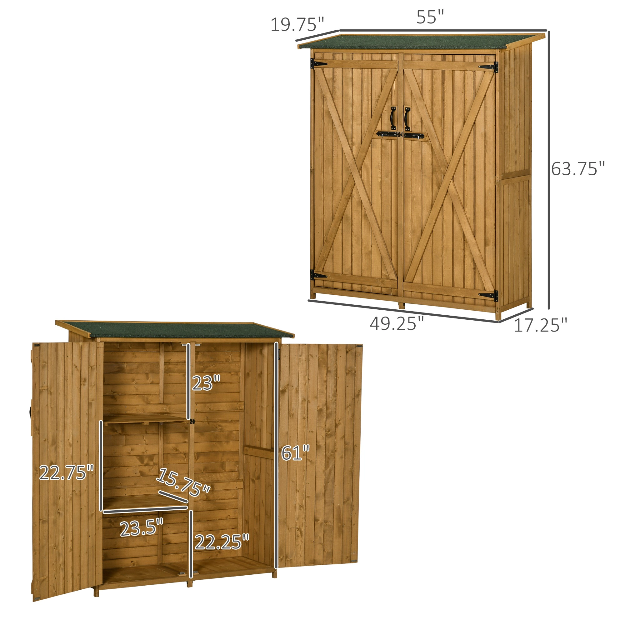 HONGGE Outdoor Storage Cabinet Wooden Garden Shed Utility Tool Organizer with Waterproof Asphalt Rood, Lockable Doors