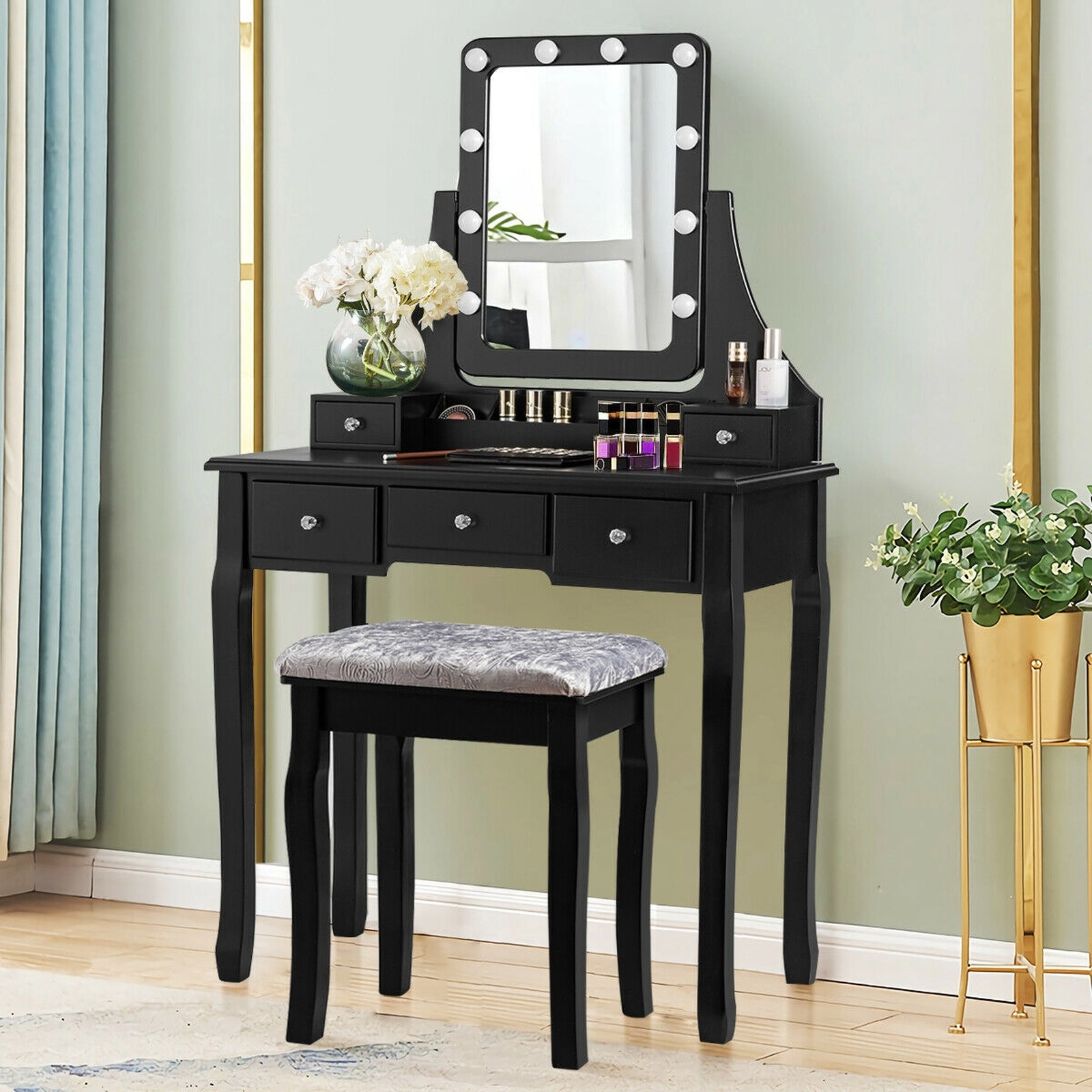 SUGIFT 10 Dimmable Bulbs 5 Drawers and Cushioned Stool Vanity Dressing Table Set