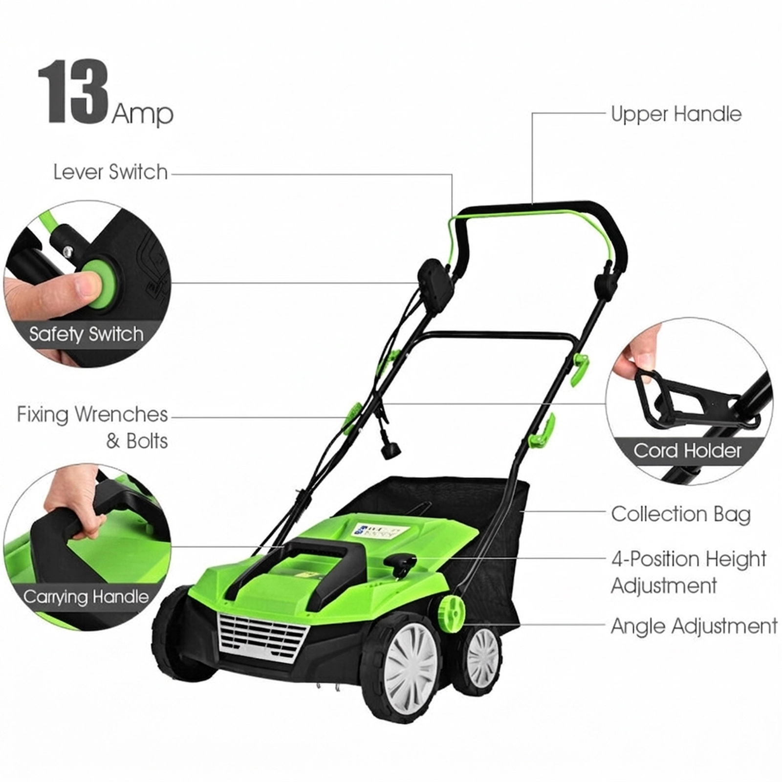SUGIFT 4-Position Adjustable 15-in 13 Amp Electric Scarifier with 50L Collection Bag and Removable Blades Green/Orange
